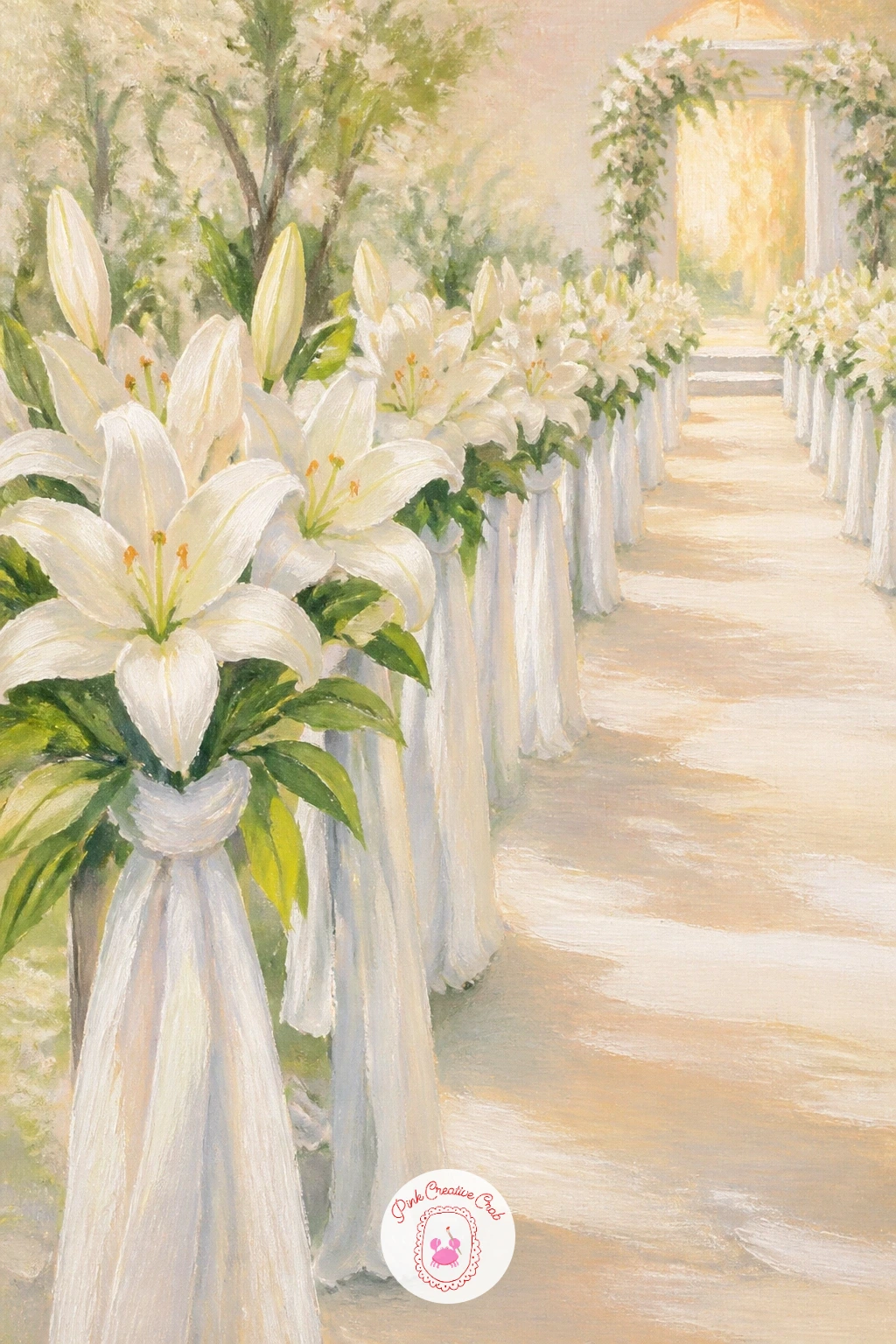 White Lilies Along a Wedding Aisle — Scale up the scene with white lilies along a wedding aisle, a composition that leans on perspective to do most of the