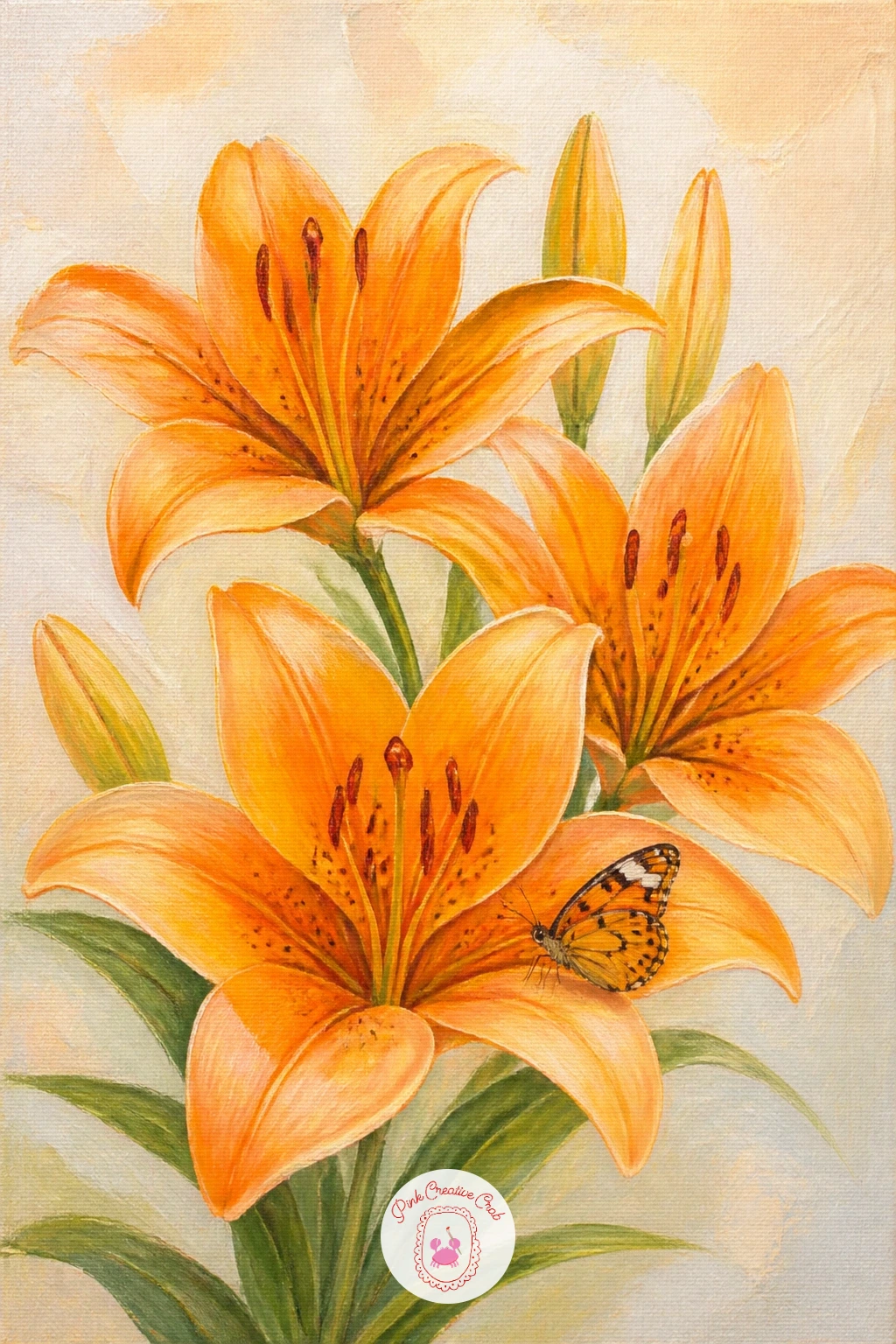Orange Lilies with a Butterfly — Add some movement with orange lilies with a butterfly, where the insect gives the whole painting a focal point beyond the