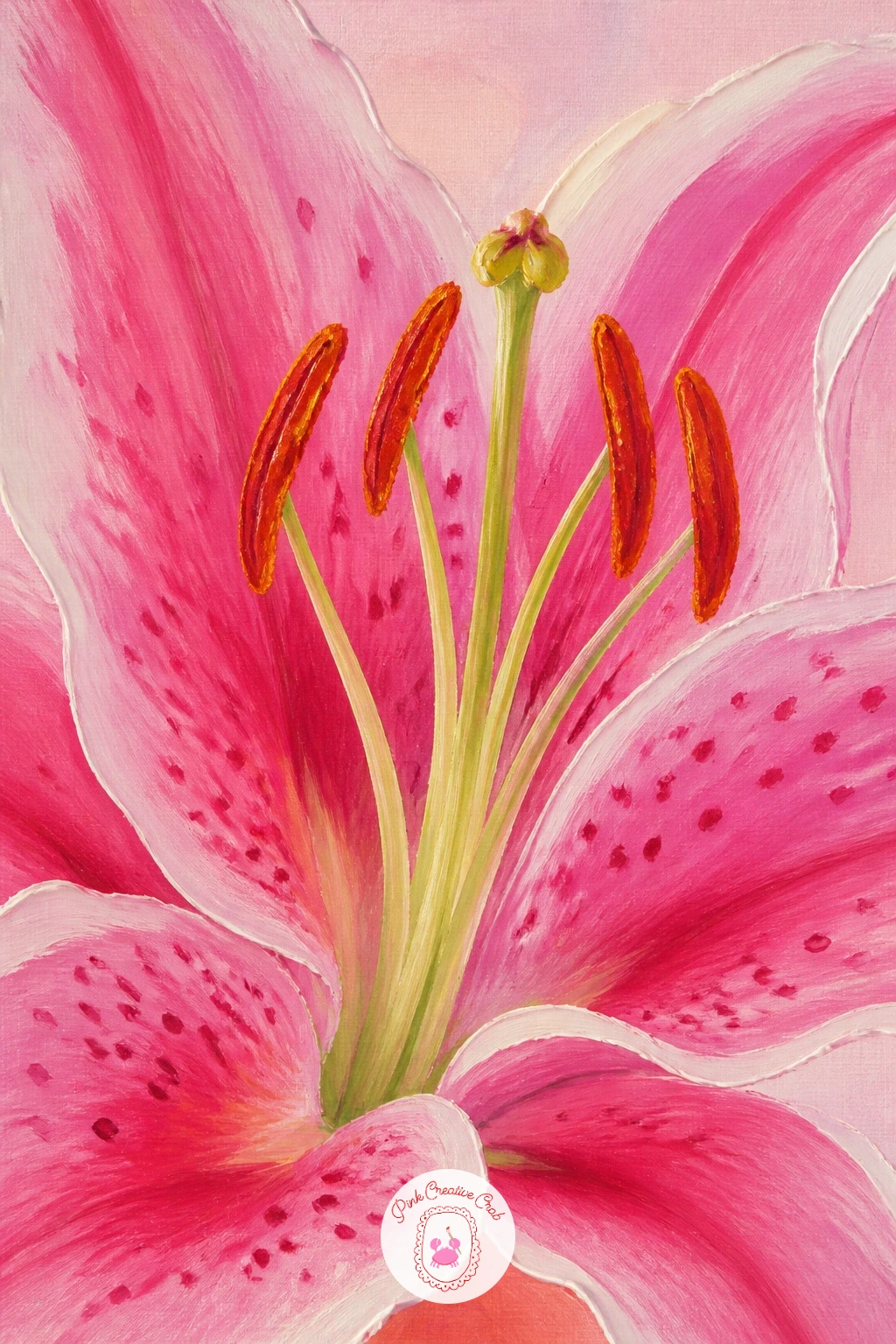 Pink Oriental Lily Close-Up — Fill the whole canvas with a pink oriental lily close-up, letting one bloom take up nearly the entire frame the way these flowers