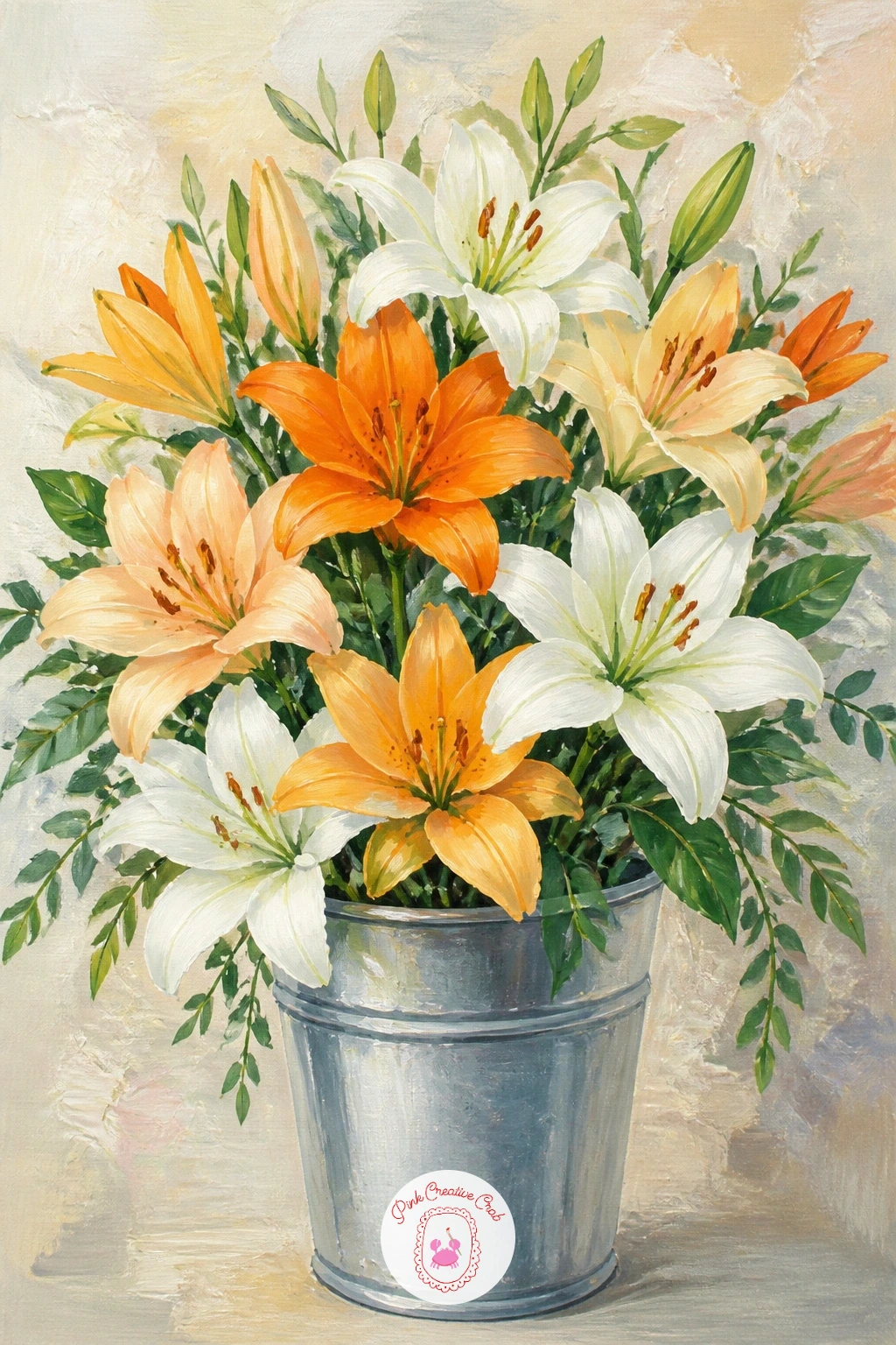 Lilies in a Florist's Bucket — Step back to a wider scene with lilies in a florist's bucket, a nice excuse to mix several lily types in one painting. Lily