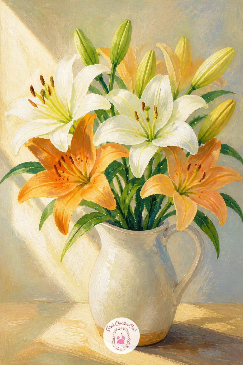 Lilies in a Ceramic Pitcher on a Table — Bring the scene indoors with lilies in a ceramic pitcher on a table, a classic still life setup that leans on careful