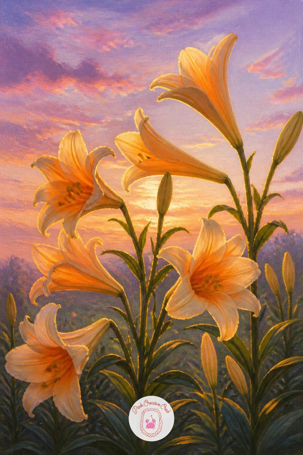 Garden of Trumpet Lilies at Dusk — Shift into a full landscape with a garden of trumpet lilies at dusk, where the light itself becomes the real subject. Lily