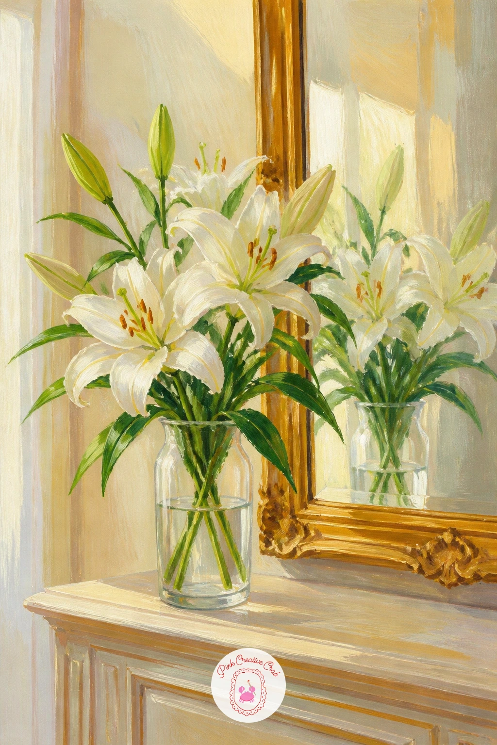 Lilies on a Hallway Console with a Mirror — Try a composition with real depth next, lilies on a hallway console with a mirror, since the reflection doubles