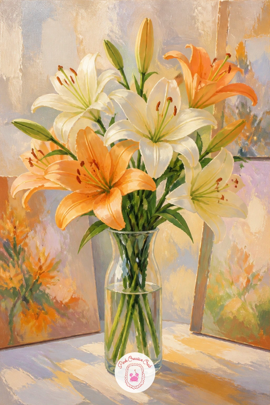 Vase of Lilies in an Artist's Studio — Set the scene somewhere personal with a vase of lilies in an artist's studio, letting little studio props frame the