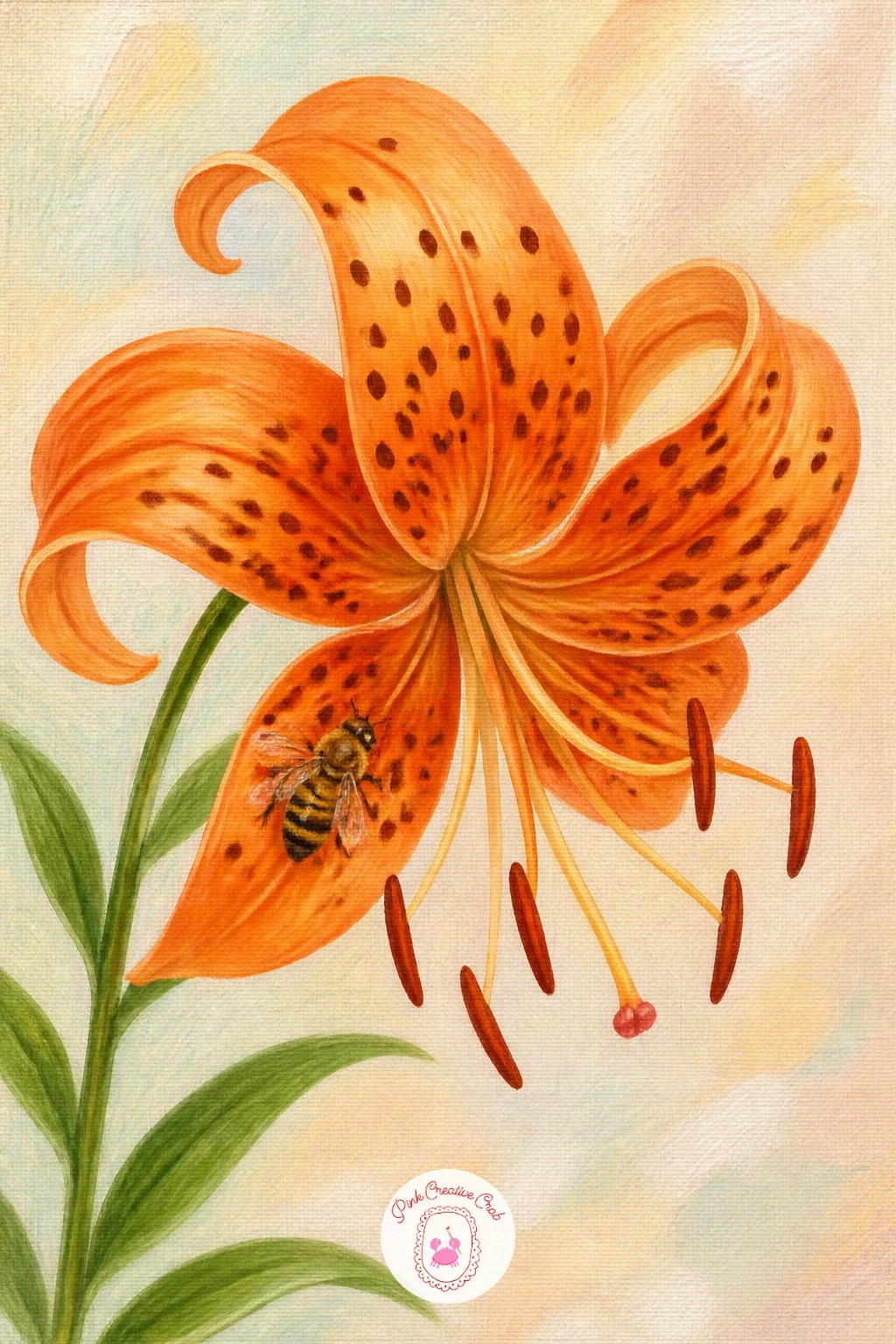 Tiger Lily With a Bee — Return to the garden for a tiger lily with a bee, a lively little companion piece to the earlier butterfly scene. Lily painting