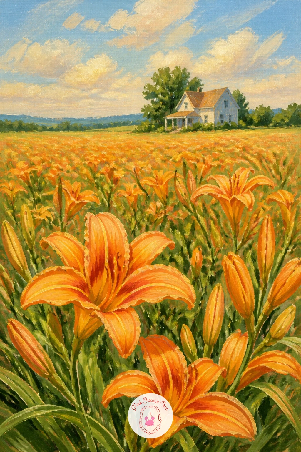 Field of Daylilies With a Farmhouse — Widen the landscape again with a field of daylilies with a farmhouse, pairing the loose orange blooms from earlier with a