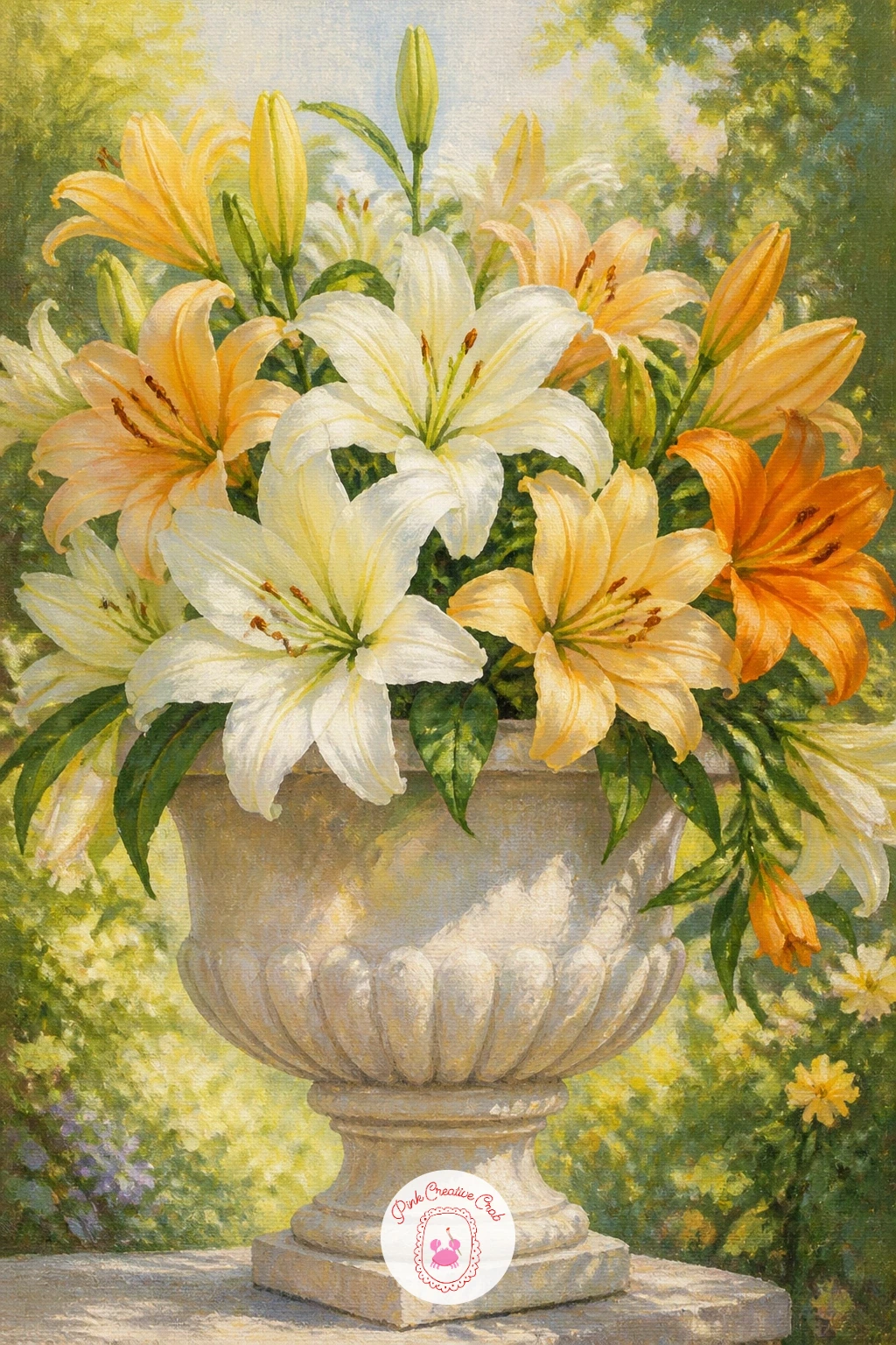Lilies in a Garden Urn — Give the lilies a grander container with lilies in a garden urn, where the stone vessel itself needs almost as much care as the