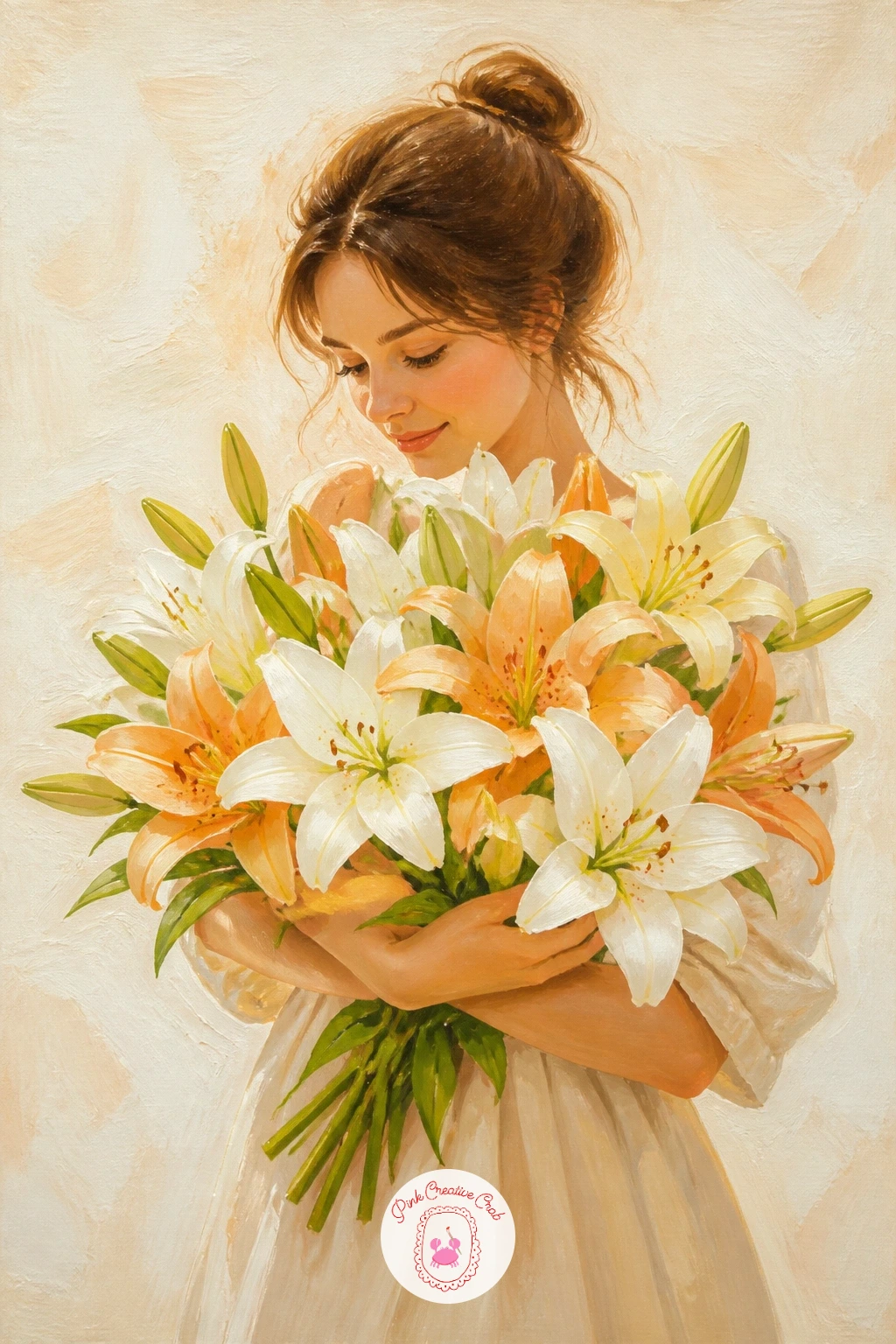 Girl Carrying an Armful of Lilies — Bring a figure fully into frame with a girl carrying an armful of lilies, where the bundle of flowers needs to look