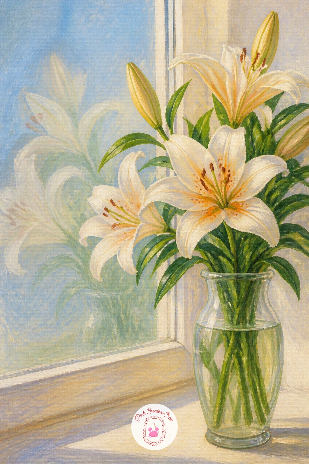 Lilies Reflected in a Window — Play with glass next in lilies reflected in a window, a quieter cousin to the earlier mirror scene with its own particular