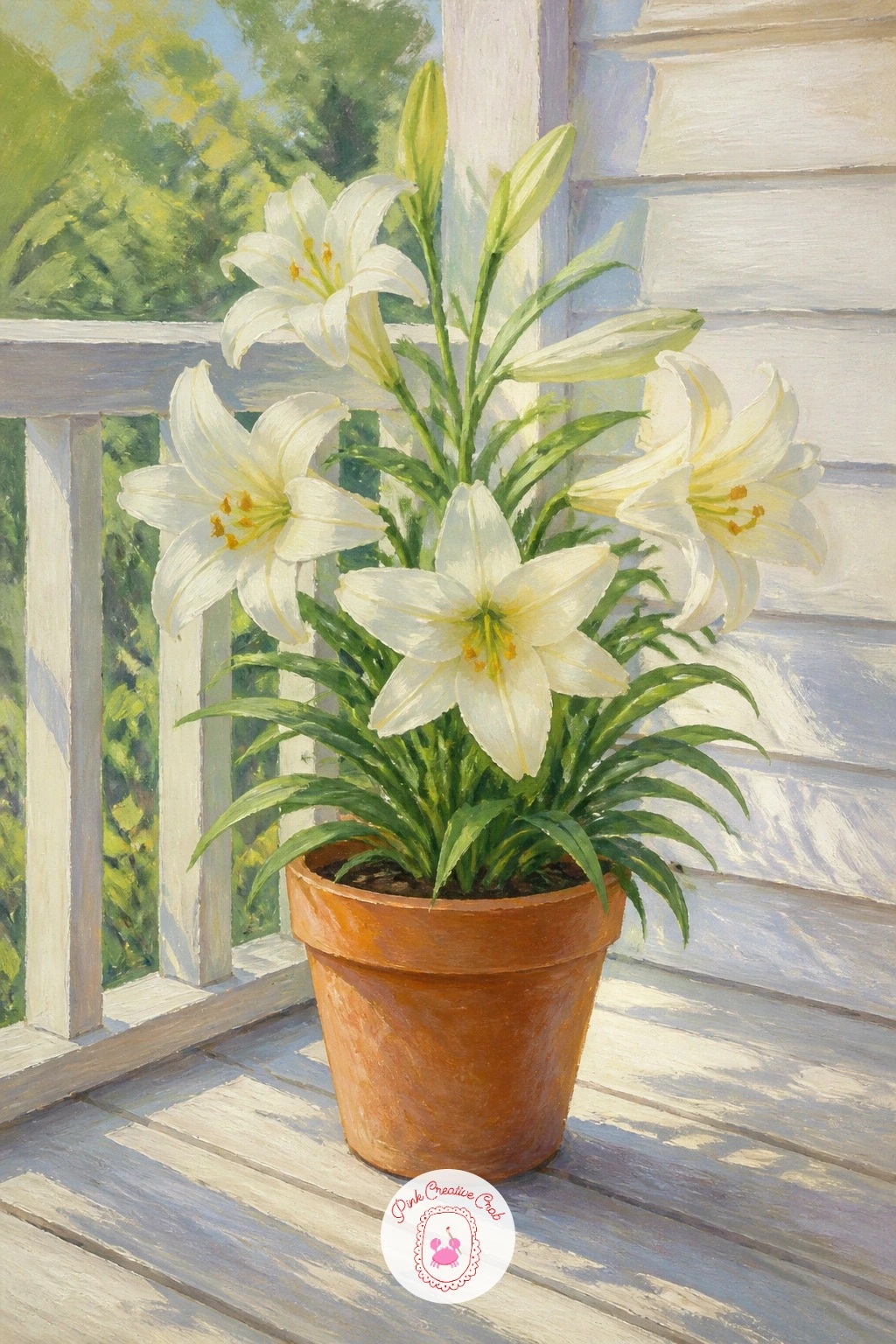 Easter Lily Pot on a Porch — Bring the lilies outdoors in a pot with an Easter lily pot on a porch, a cheerful seasonal scene that stays simple to paint. Lily