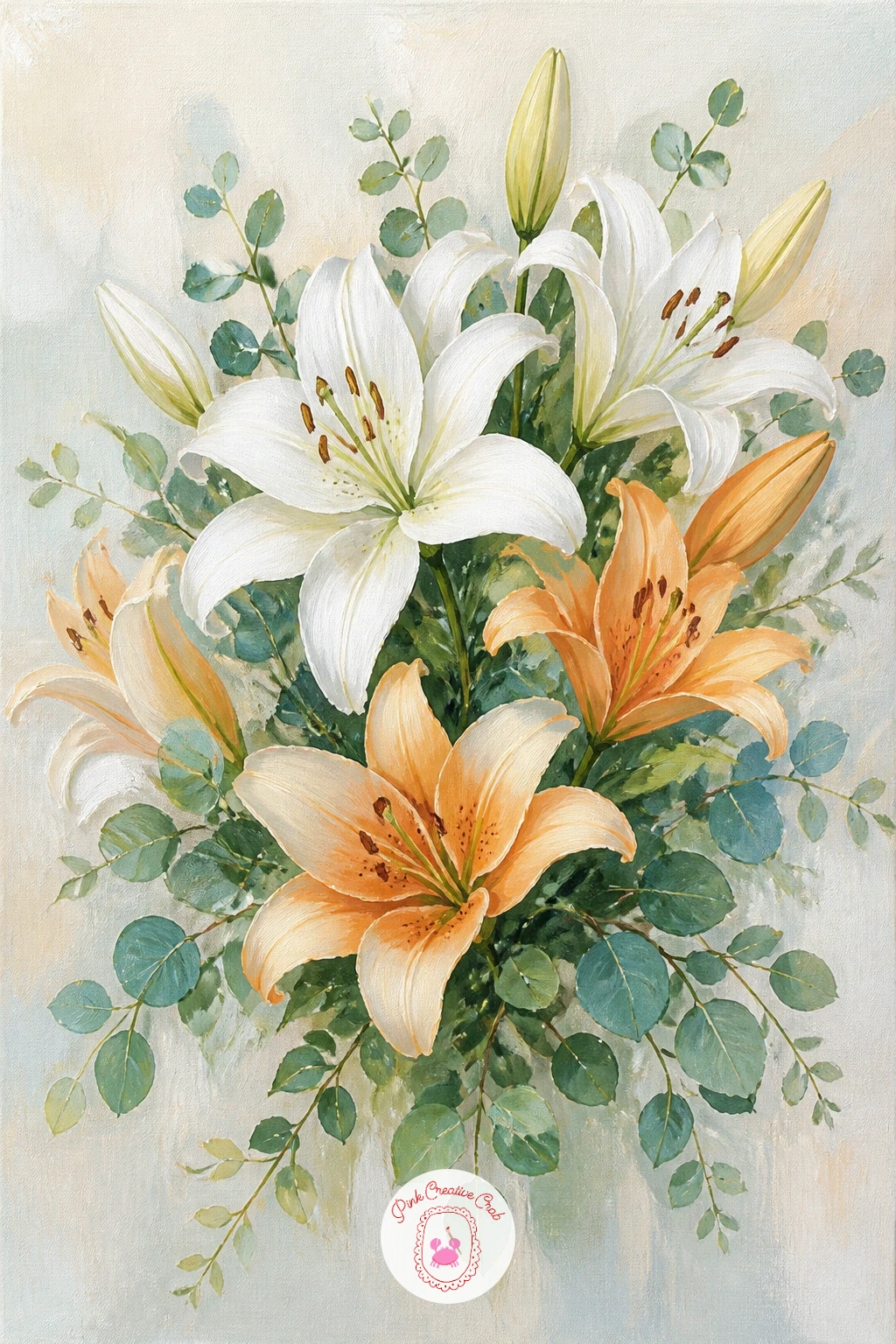 Lilies With Eucalyptus — Round out a bouquet with lilies with eucalyptus, pairing those big smooth petals against small soft rounded leaves for contrast. Lily