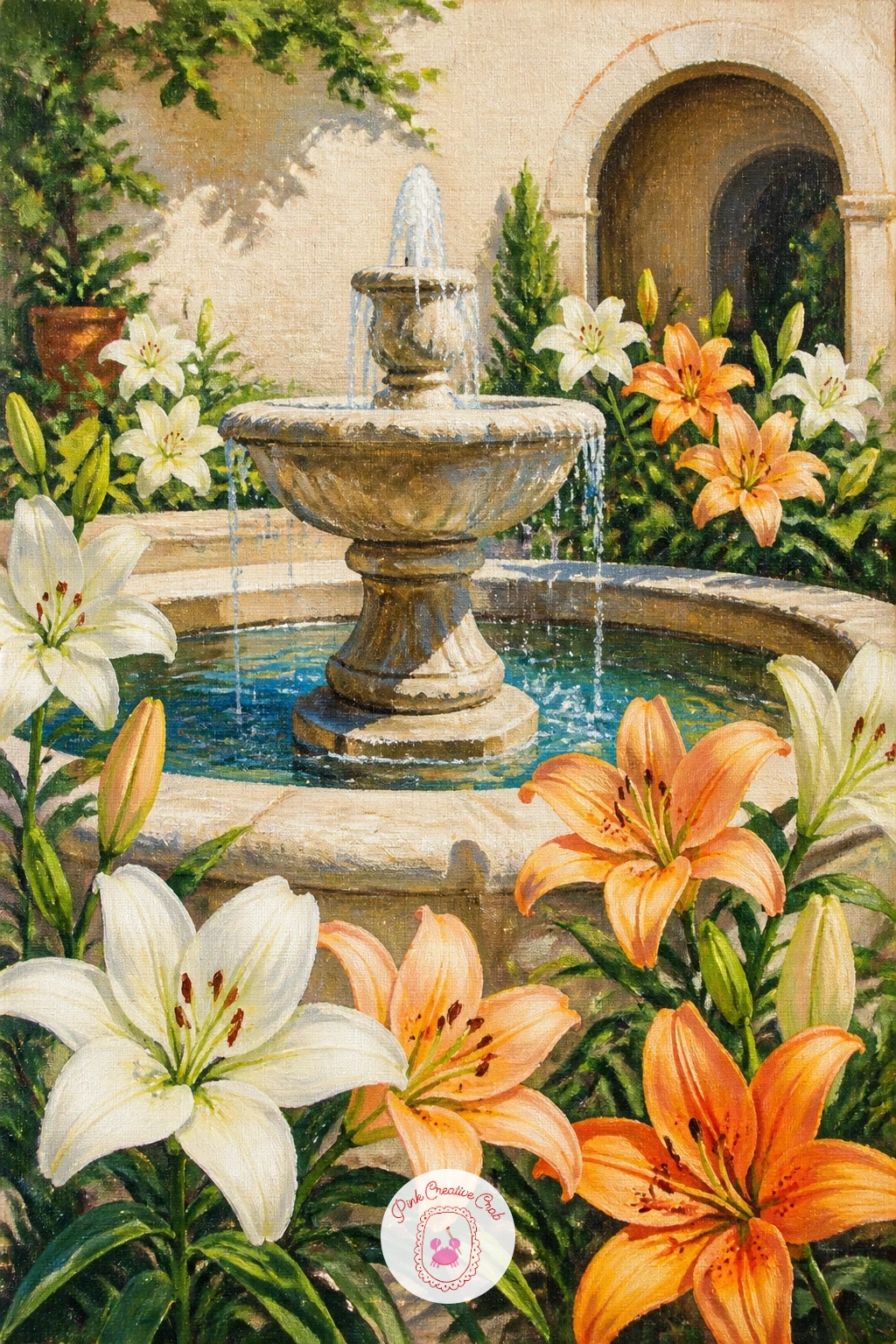 Courtyard Fountain Surrounded by Lilies — Build a fuller scene with a courtyard fountain surrounded by lilies, where architecture and flowers share the frame