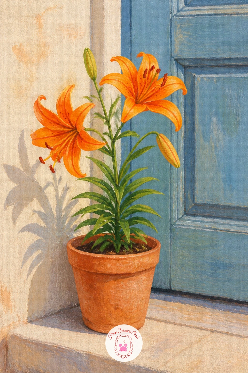 Tiger Lily in a Terracotta Pot by a Door — Close the series at a doorway with a tiger lily in a terracotta pot by a door, a warm welcoming scene to end on.