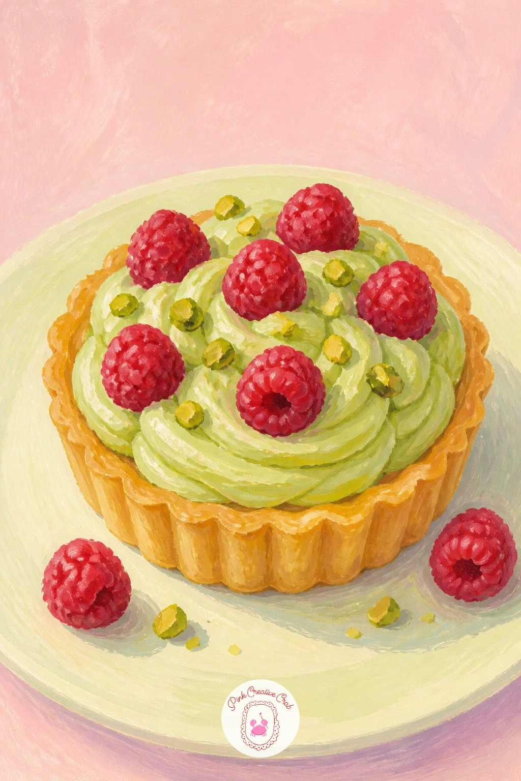 Pistachio Raspberry Tart — Move from a shop window to a single pistachio raspberry tart sitting on a plate, a calmer subject to warm your hand up on. Dessert