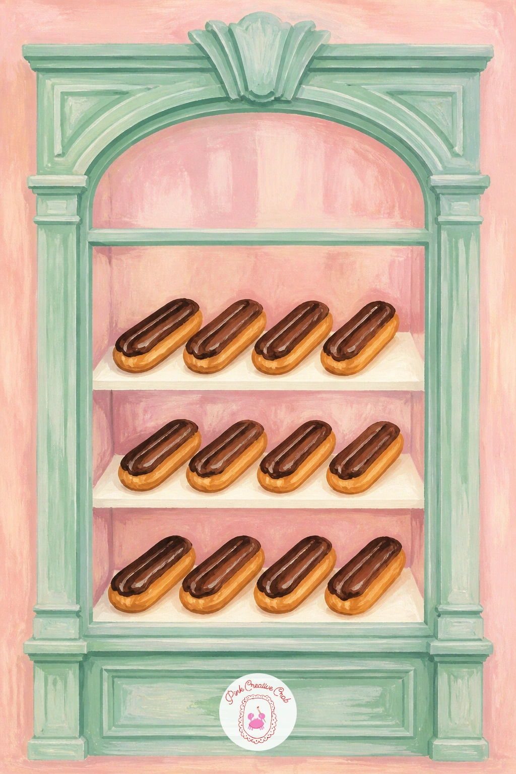 Patisserie Window With Eclairs — Start big with a patisserie window, since a whole shop front gives you the most room to relax into flat gouache shapes before