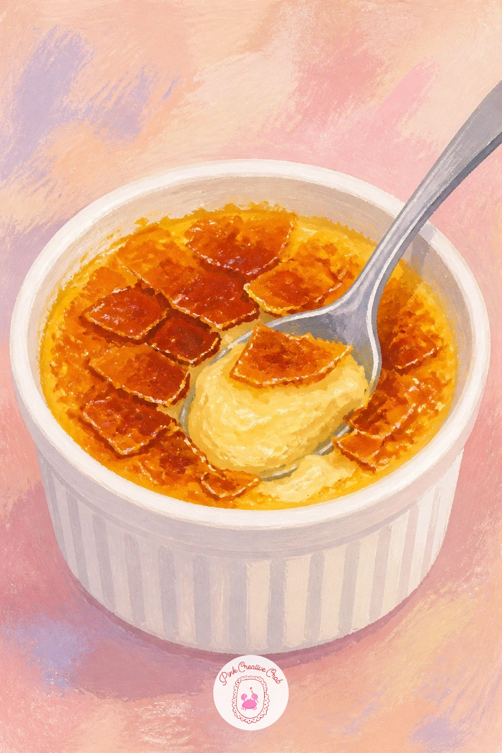 Spoon Cracking Creme Brulee — A spoon cracking into creme brulee brings in a little action, which makes it a fun next step after three still desserts. Dessert