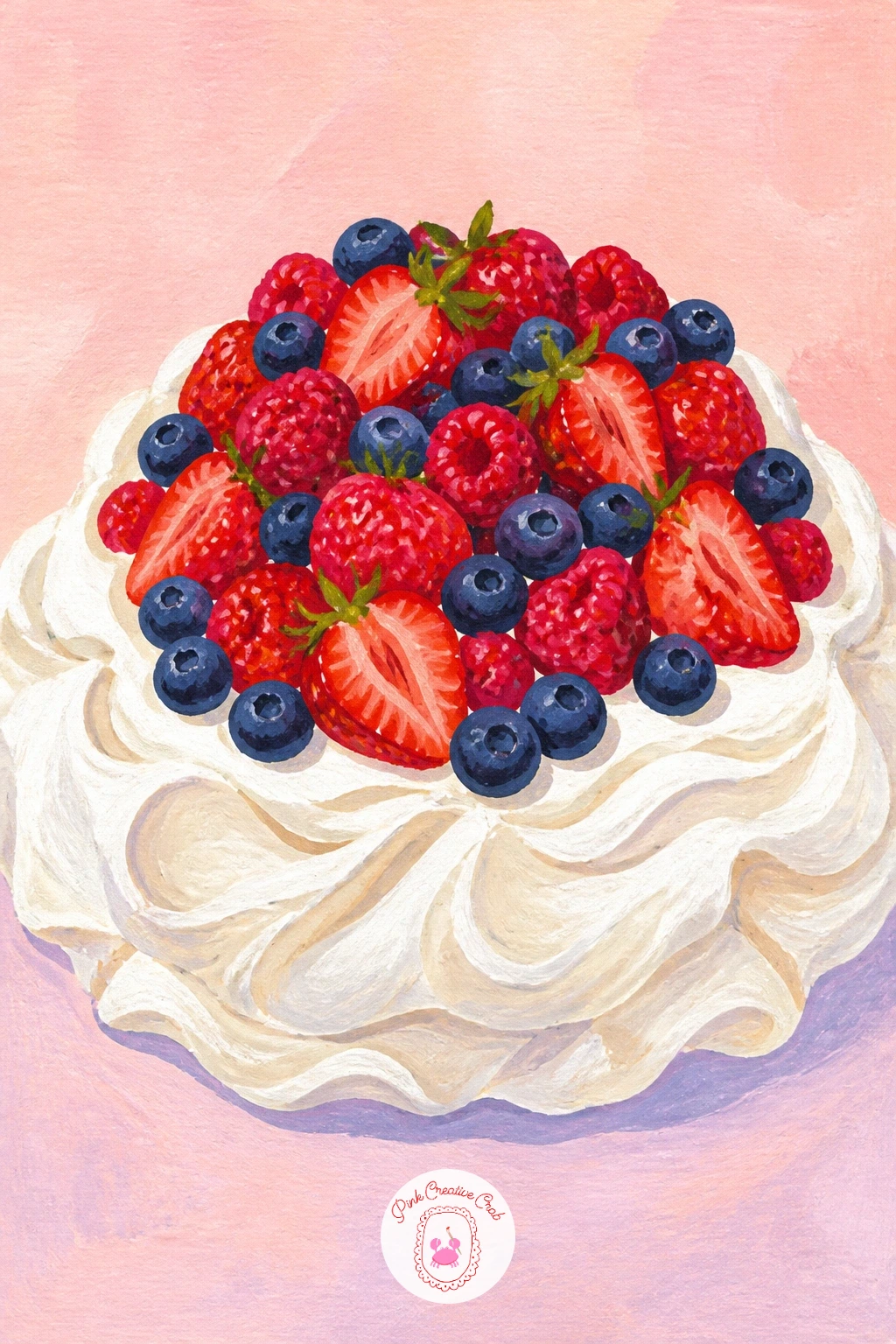 Pavlova Piled With Berries — Pavlova piled with berries rewards a loose hand, so let go of neat edges here. Dessert painting