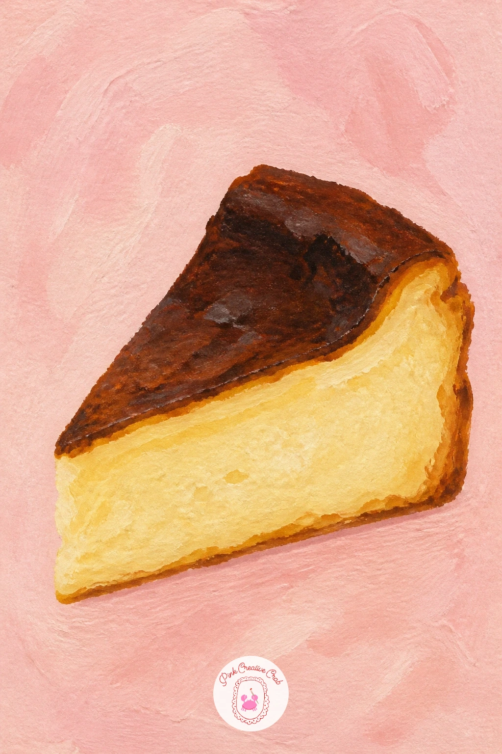 Slice Of Basque Cheesecake — A slice of Basque cheesecake is wonderfully forgiving because its whole charm is a deliberately burnt, uneven top. Dessert painting
