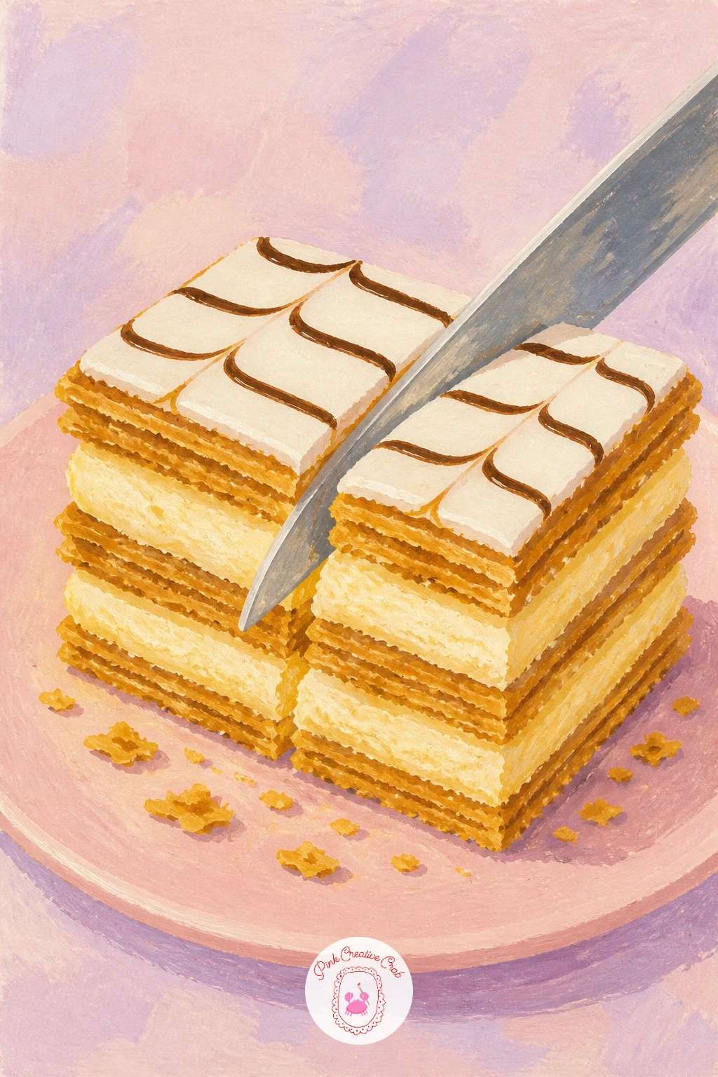 Mille-Feuille Being Cut With A Knife — Mille-feuille being cut with a knife is about layers and a little drama, so build it from the bottom up in distinct