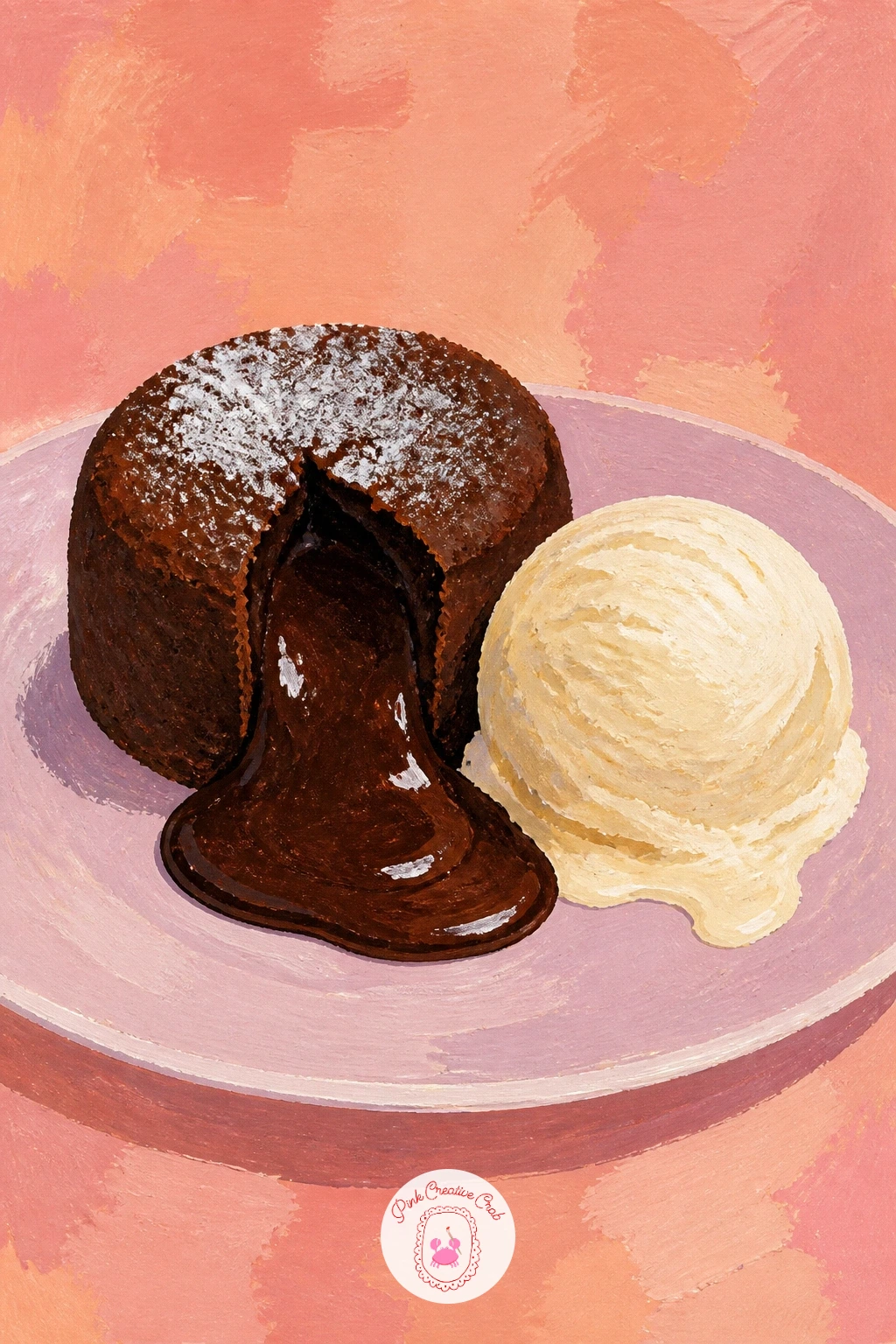 Chocolate Lava Cake With Ice Cream — Chocolate lava cake with ice cream turns on one satisfying moment: the molten center spilling out. Dessert painting