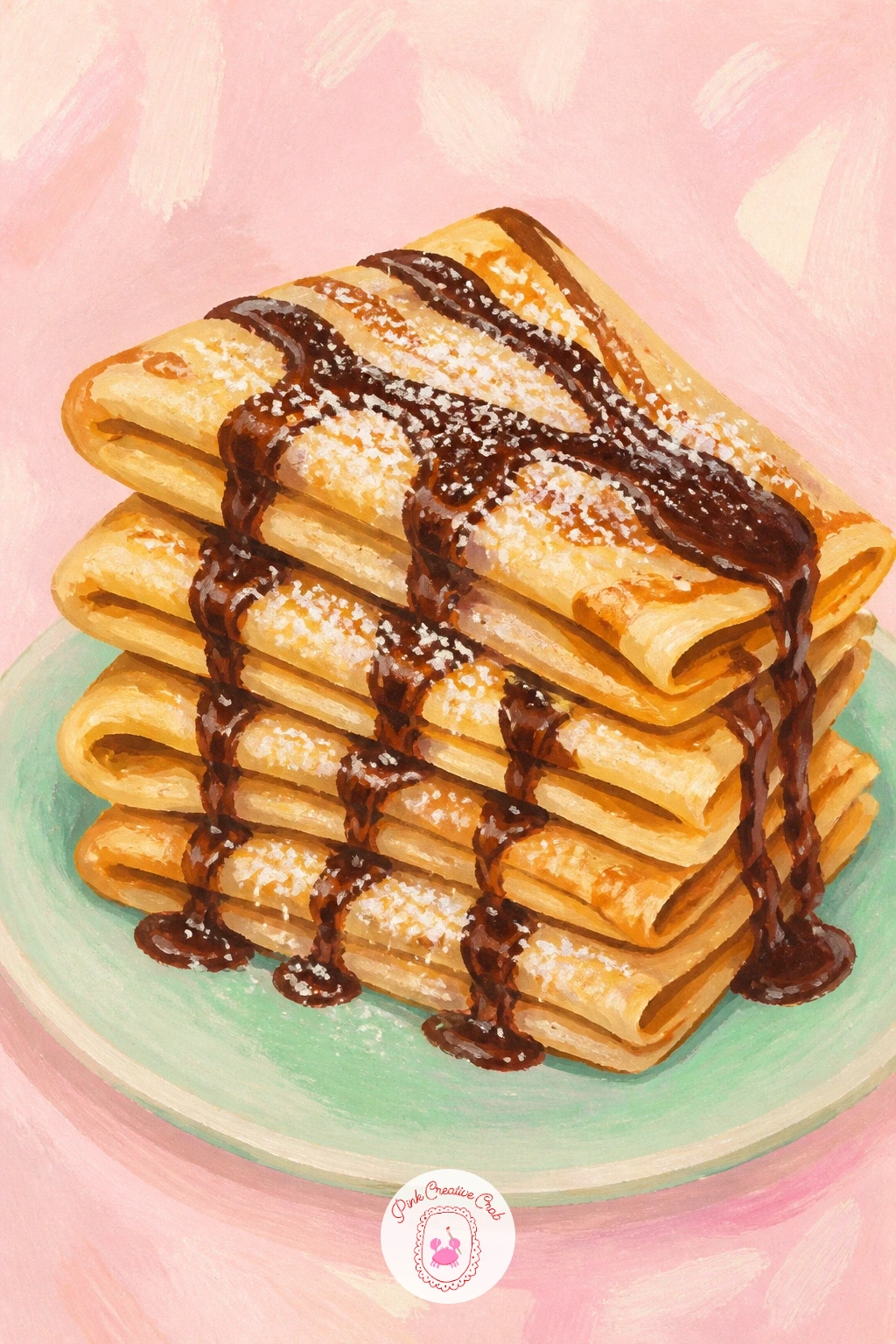 Stack Of Crepes With Chocolate Sauce — A stack of crepes with chocolate sauce is mostly about soft, rounded edges and one good drizzle. Dessert painting