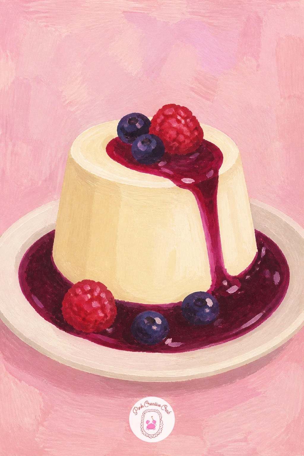 Panna Cotta With Berry Sauce — Panna cotta with berry sauce is a gentle subject built almost entirely from a soft wobble and one pool of color. Dessert painting