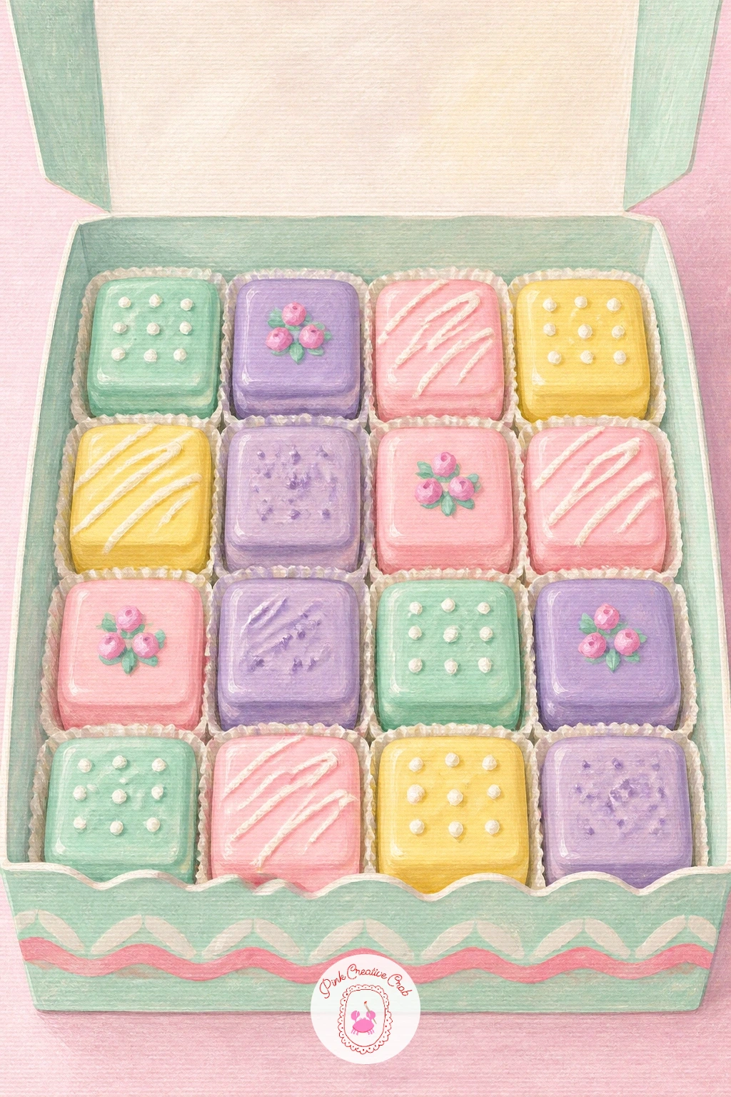 Box Of Pastel Petit Fours — A box of pastel petit fours is a lovely exercise in tiny, repeated shapes without ever getting fussy. Dessert painting