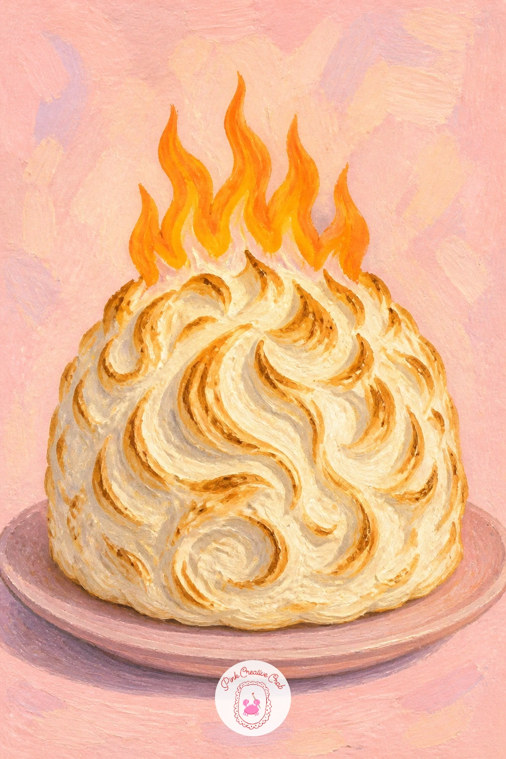 Baked Alaska With Flames — Baked Alaska with flames brings a bit of theatre to the page, so let the flame be the brightest thing in the whole painting. Dessert