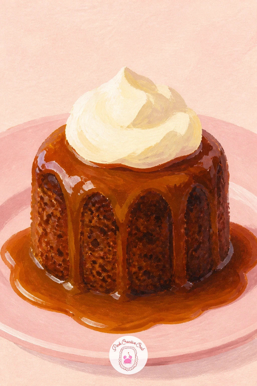 Sticky Toffee Pudding With Cream — Sticky toffee pudding with cream is a cozy, warm-toned subject after the drama of flames. Dessert painting
