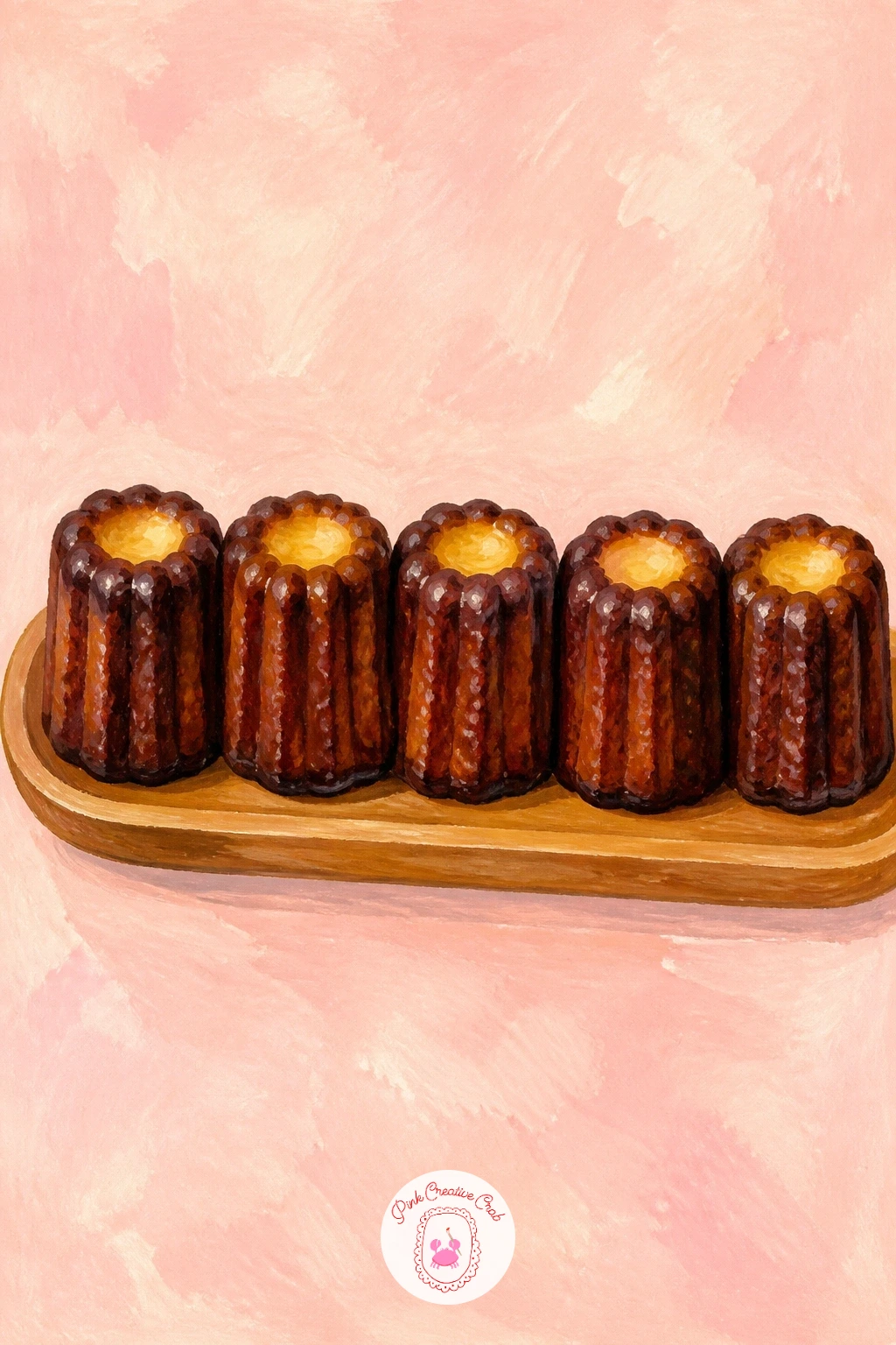 Tray Of Caneles — A tray of caneles is all about that deep, nearly black caramelized shell with a pale interior just visible at the top. Dessert painting
