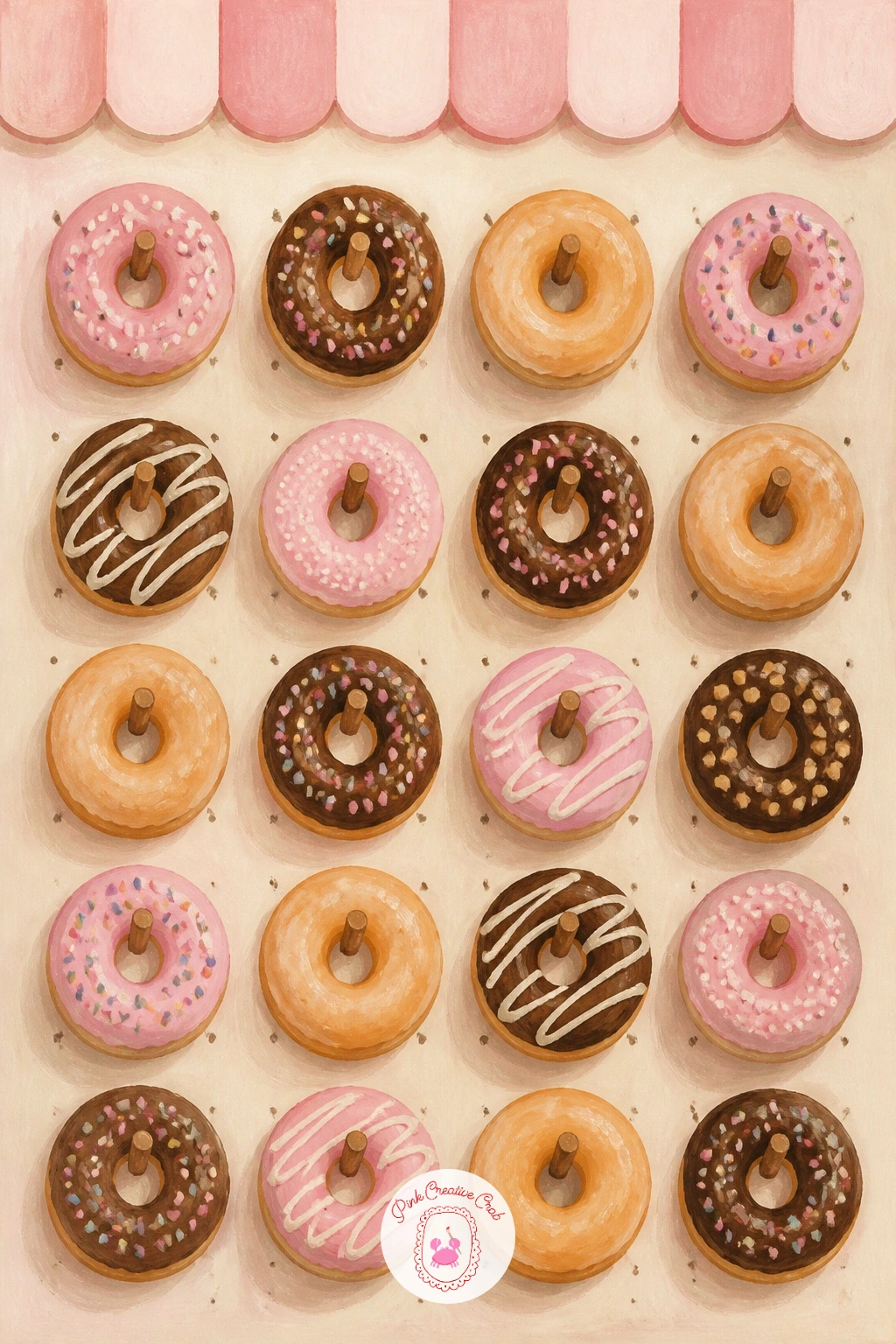 Donut Wall In A Cafe — A donut wall in a cafe is one of the busier scenes on this list, so build it in clear stages rather than all at once. Dessert painting