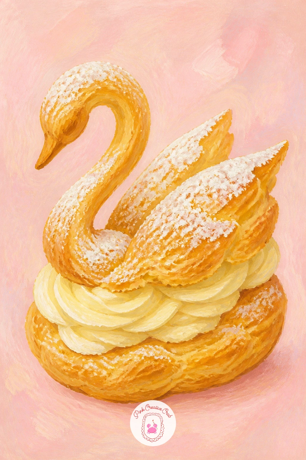 Choux Pastry Shaped Like A Swan — A choux pastry swan is one of the more charming subjects here, built from the same golden choux color used in the