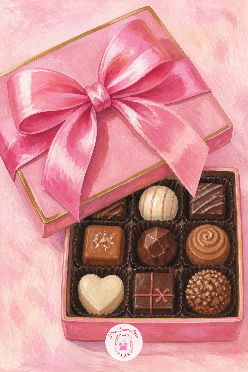 Box Of Chocolates With A Satin Bow — A box of chocolates with a satin bow is a quiet, elegant subject after the busier party stand, built from one box shape