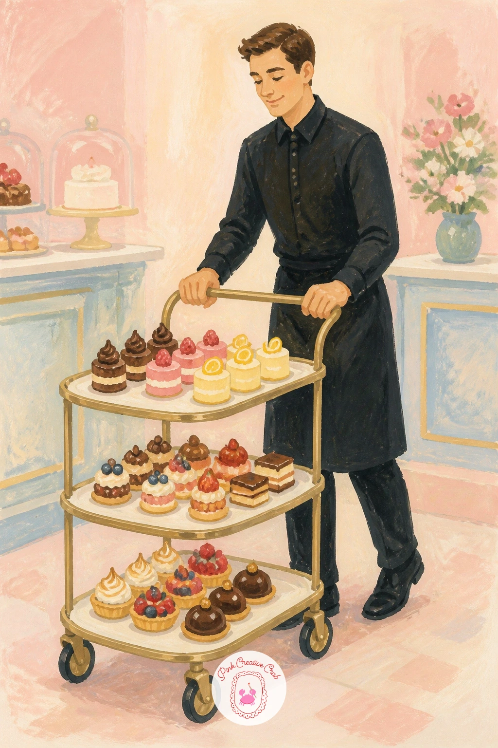 Waiter Pushing A Dessert Trolley — A waiter pushing a dessert trolley is a lively next step after a single figure, since now you're balancing a person and a