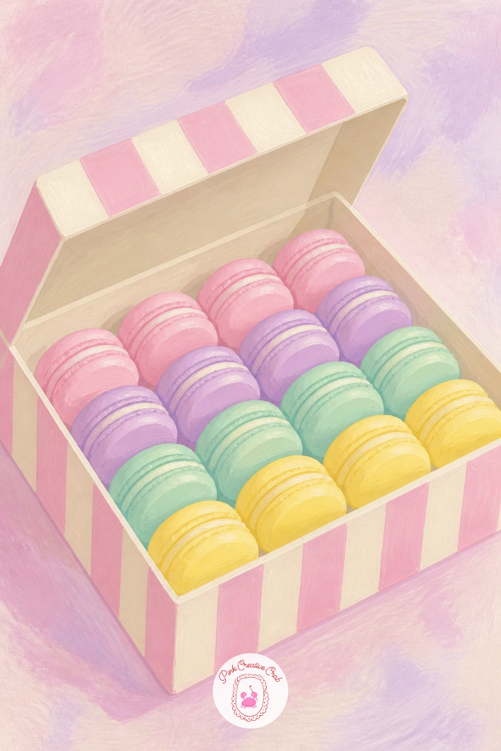 Macarons In A Striped Box — Macarons in a striped box is a cheerful, color-forward piece to paint near the end of this list, since by now the small