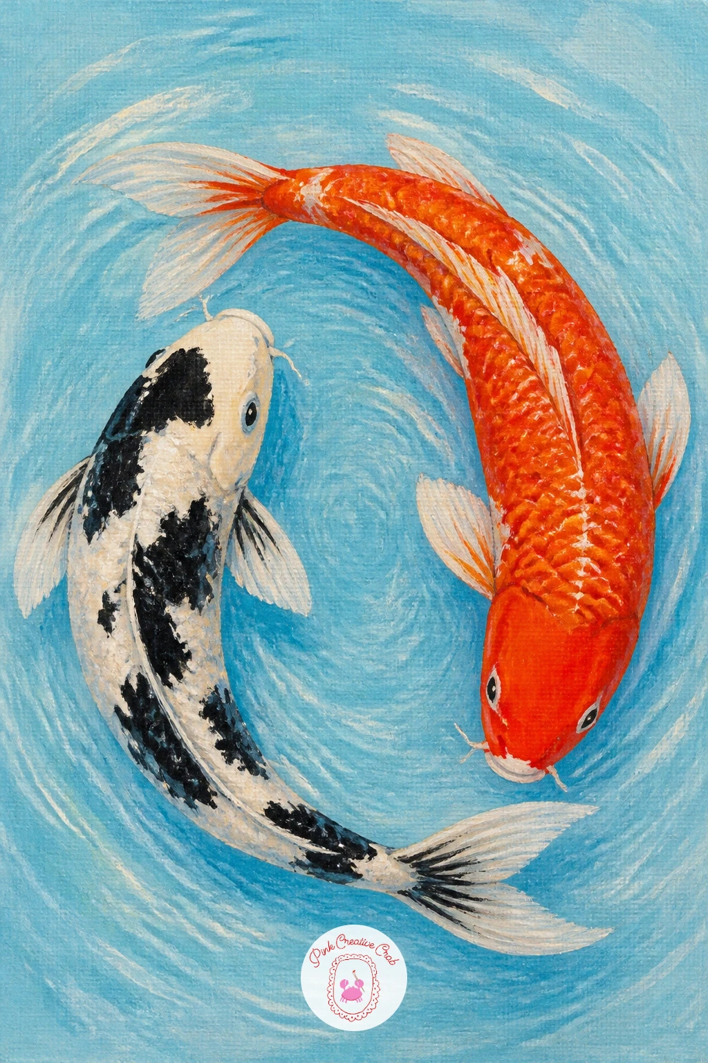 Two Koi Circling Each Other — Start simple with two koi circling each other, nose to tail, in a loose ring shape. Koi fish painting
