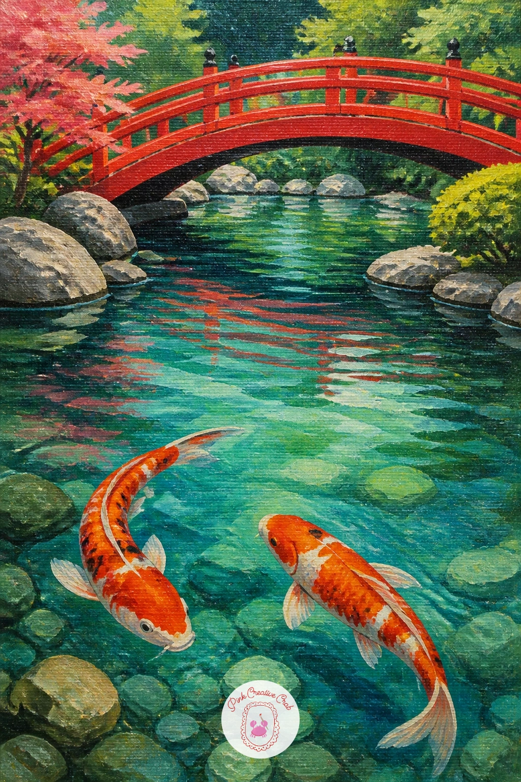 A Koi Pond With a Red Bridge — Bring in a little architecture with a koi pond with a red bridge arching over the water in the background. Koi fish painting