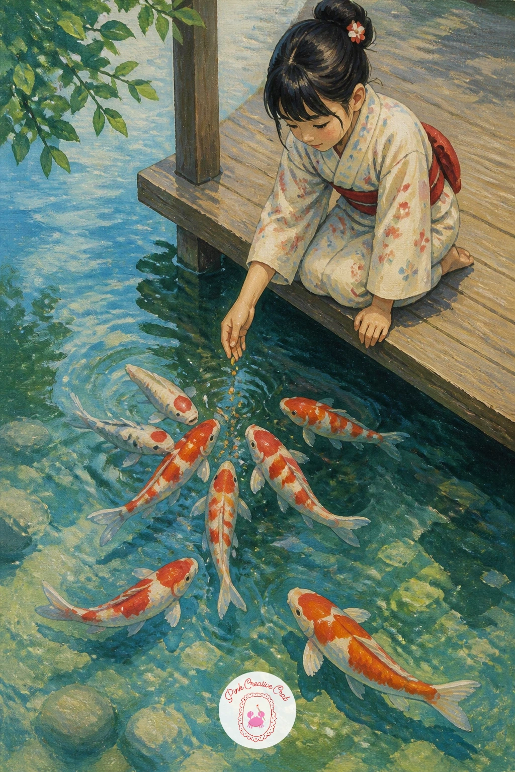 A Girl Feeding Koi From a Wooden Deck — Add a person to the pond with a girl feeding koi from a wooden deck, her hand reaching toward the water as fish gather