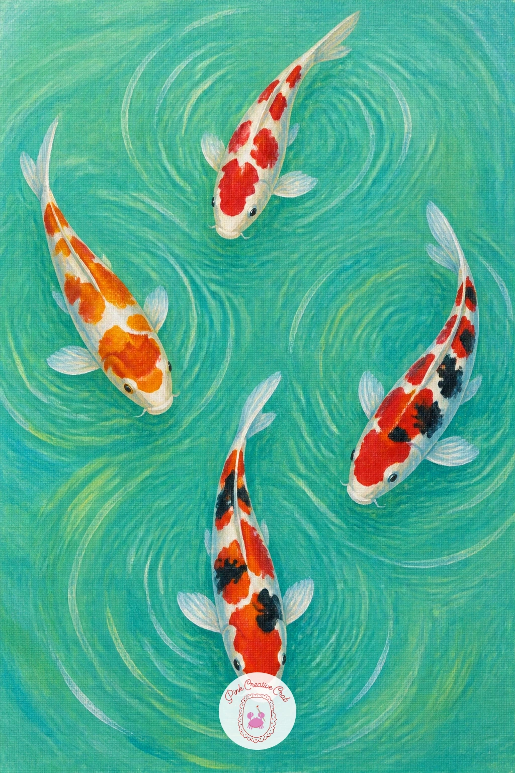 Koi Seen From Above With Ripples — Shift your viewpoint with koi seen from above, their bodies foreshortened into ovals with ripples spreading around them. Koi