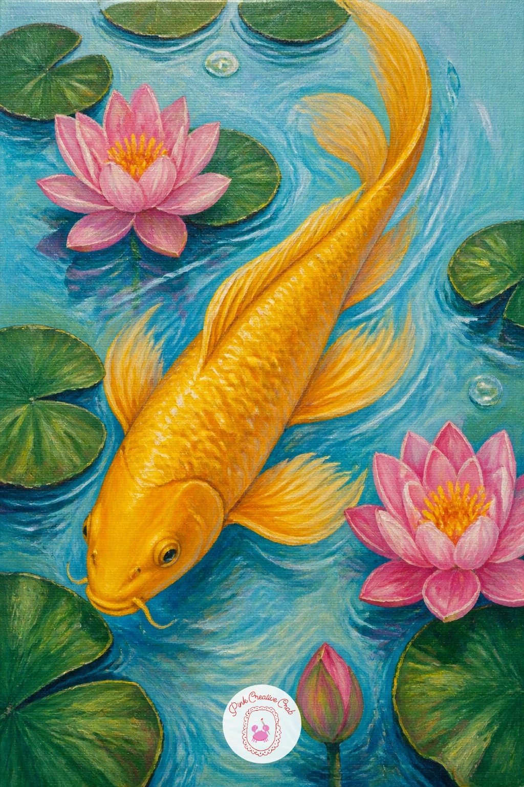 A Golden Koi Among Lotus Flowers — Let one fish take the spotlight with a golden koi among lotus flowers, its pale yellow-gold body gliding past two or three