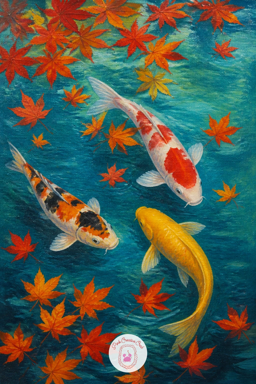 Koi Under Falling Maple Leaves — Bring in a season with koi under falling maple leaves drifting down onto a quiet pond. Koi fish painting