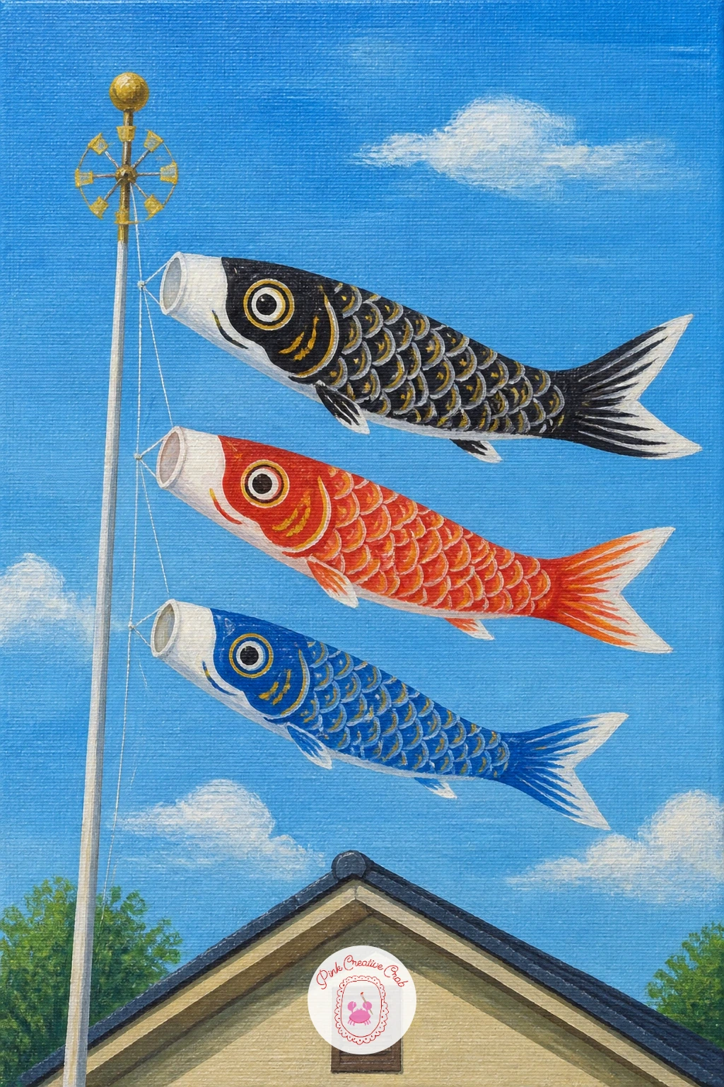 Koinobori Carp Streamers Over a House — Step out of the water for a moment with koinobori carp streamers flying over a house, their long fabric bodies rippling