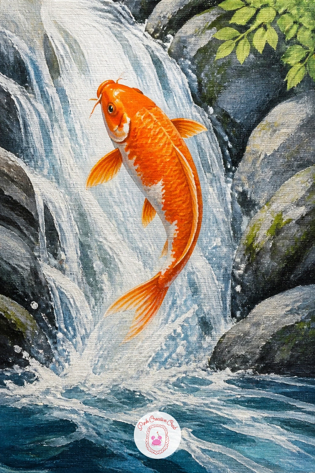 A Koi Leaping Up a Small Waterfall — Add motion with a koi leaping up a small waterfall, its body arched mid-air against falling water. Koi fish painting