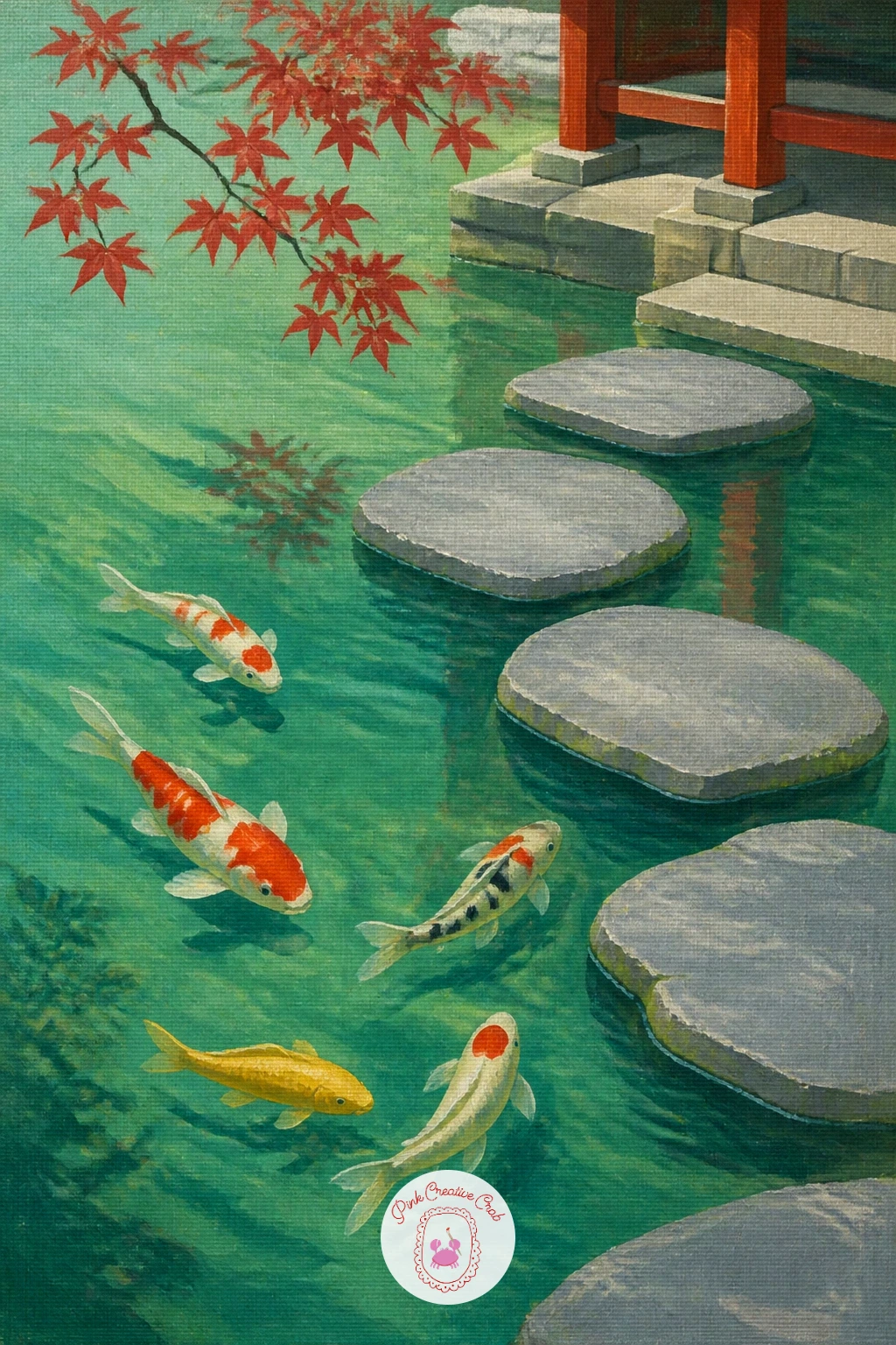 Koi Near Temple Stepping Stones — Slow the pace again with koi near temple stepping stones, drifting past flat grey stones set into the edge of the pond. Koi