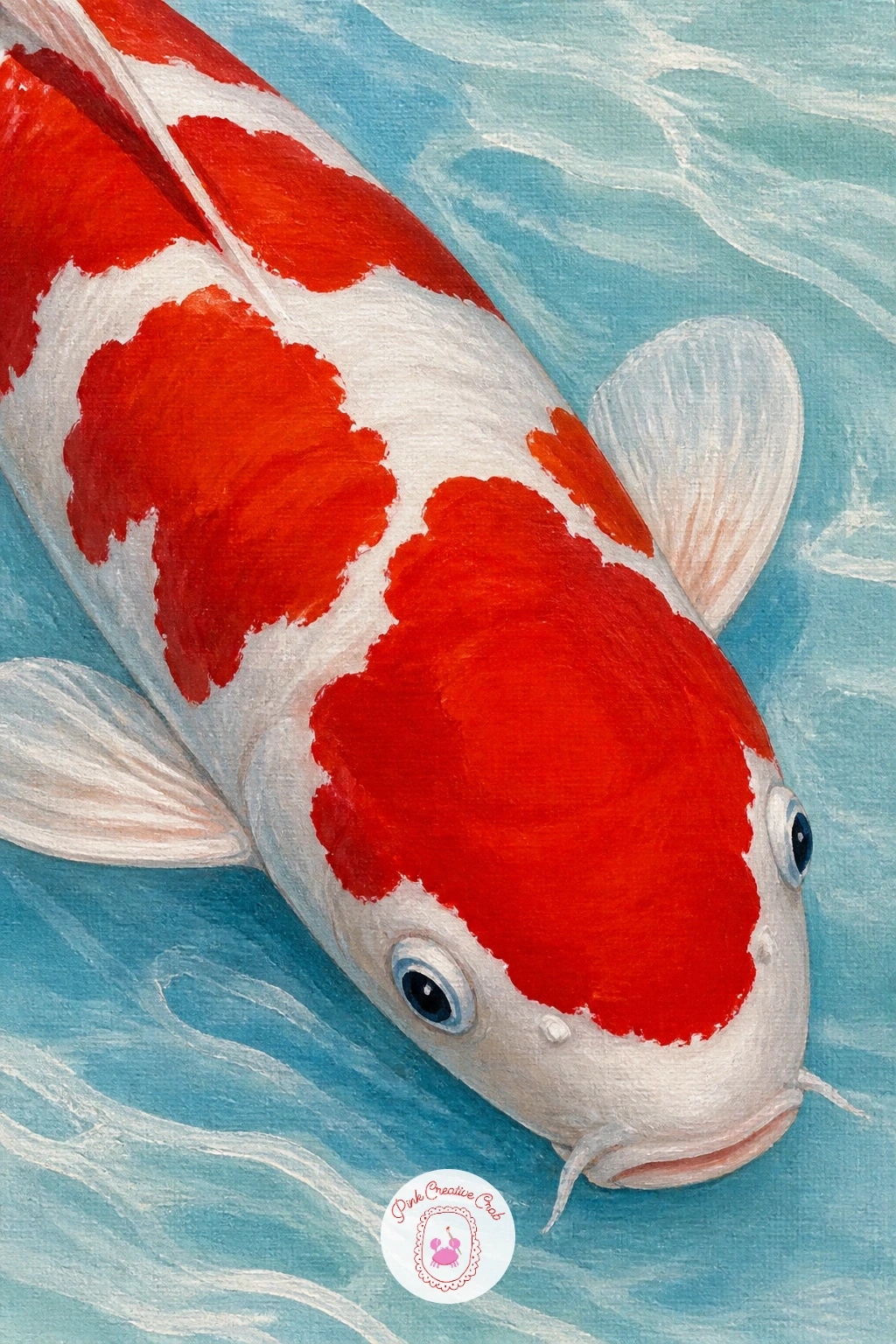 A Red and White Kohaku Koi Close-Up — Zoom right in with a red and white kohaku koi close-up, the fish filling most of the canvas so every patch of color gets