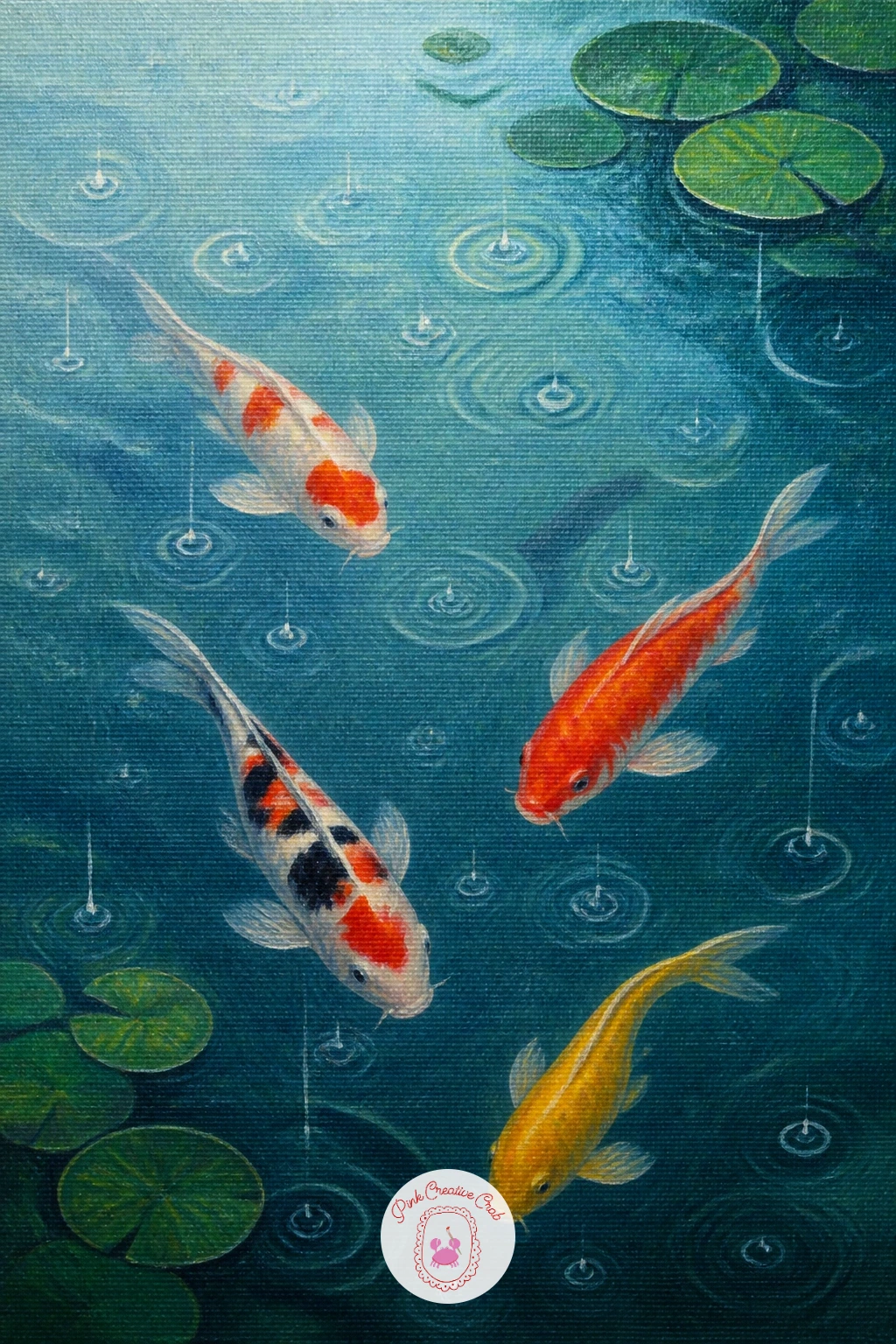 Raindrops on a Koi Pond — Bring weather into the scene with raindrops on a koi pond, each drop sending out a small ring across the surface. Koi fish painting