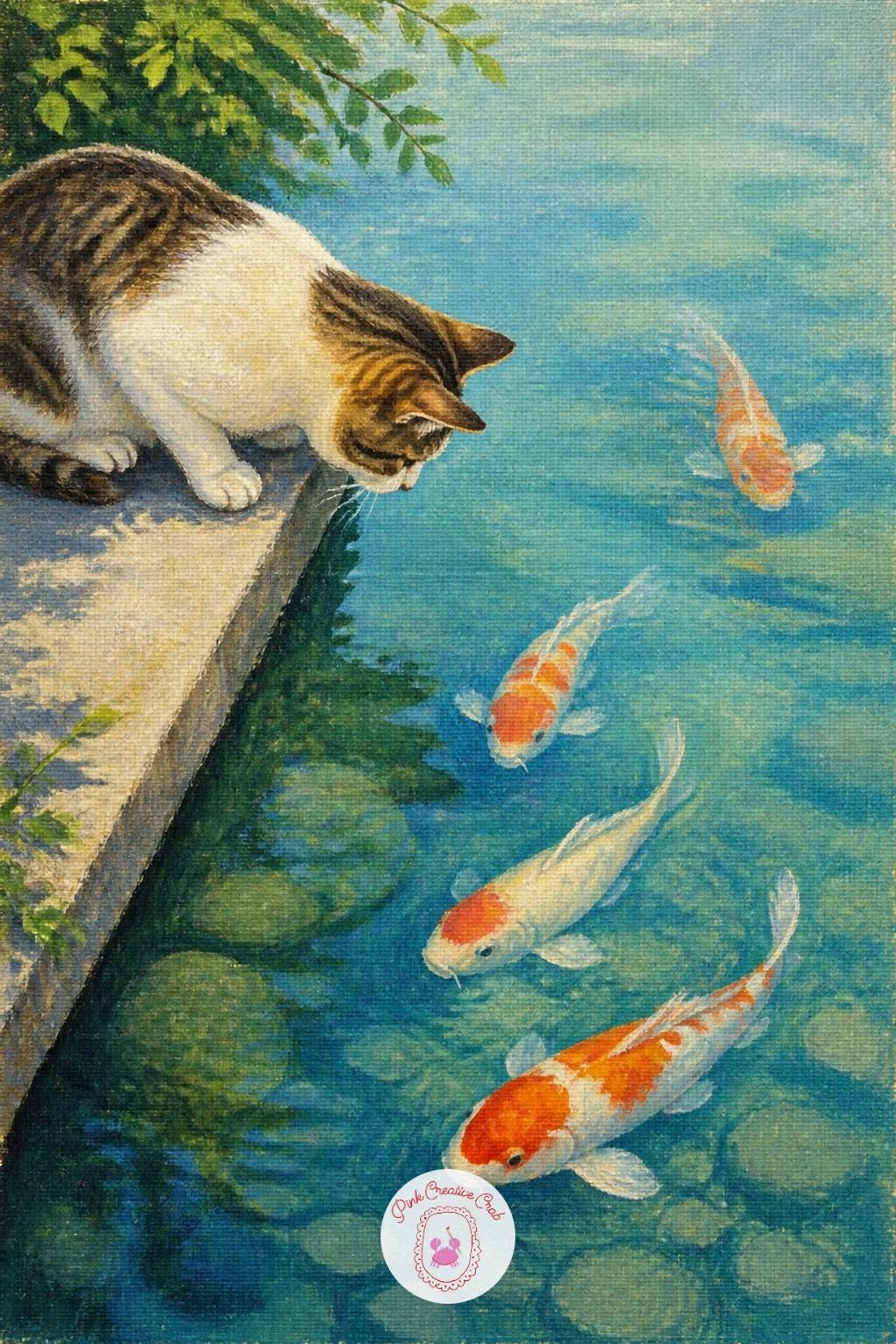 A Cat Watching Koi From the Edge — Add a quiet character with a cat watching koi from the edge, perched low at the water's rim with its gaze fixed downward.