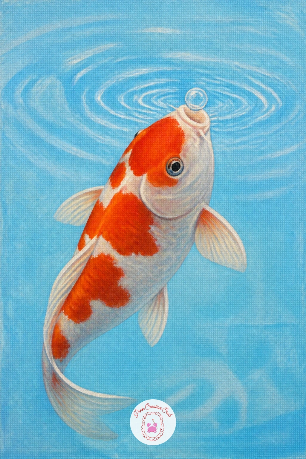 A Koi Blowing a Bubble — Add a playful moment with a koi blowing a bubble at the water's surface, its mouth rounded just at the waterline. Koi fish painting