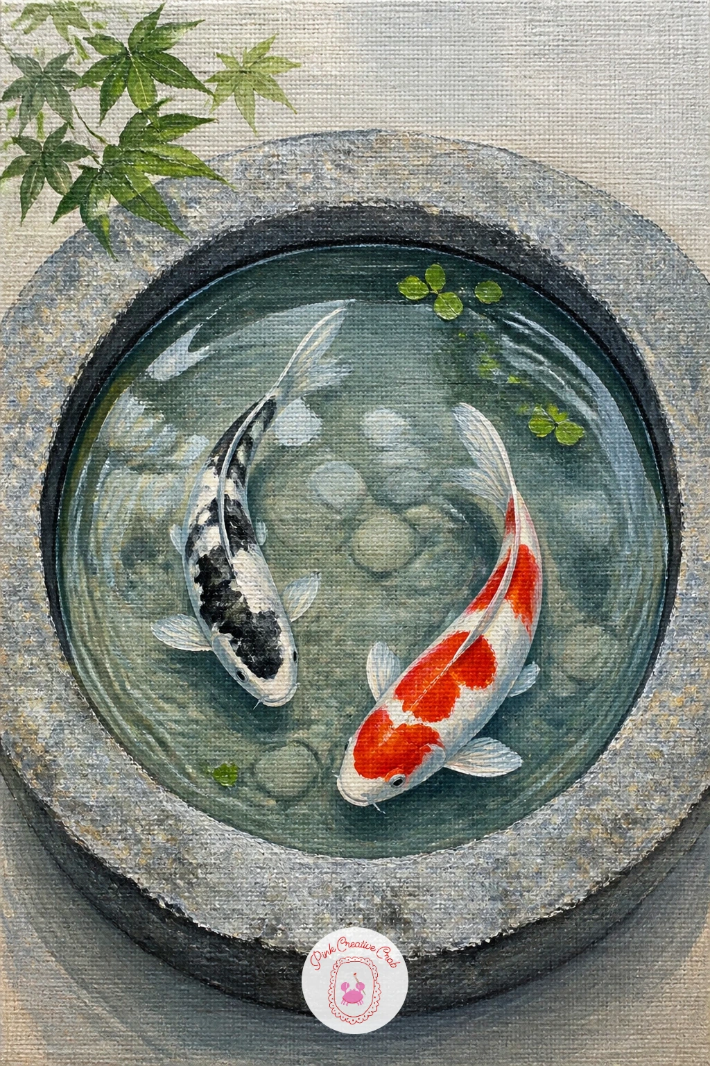 Koi in a Stone Basin — Scale the whole scene down with koi in a stone basin, a small round or octagonal water basin holding just a fish or two rather than a