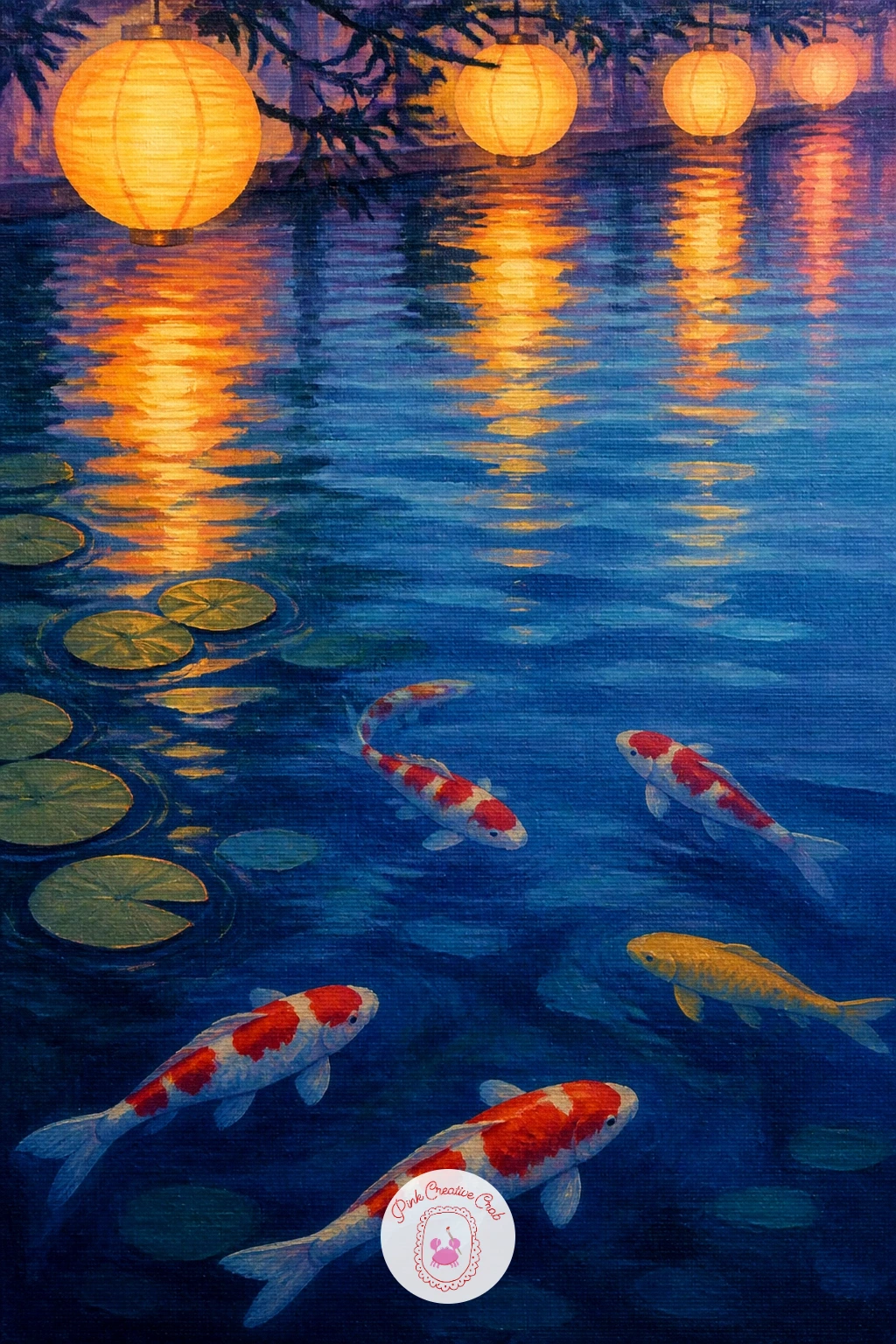 Paper Lanterns Reflected in a Koi Pond at Dusk — Shift the light for paper lanterns reflected in a koi pond at dusk, where warm glowing lantern shapes hang